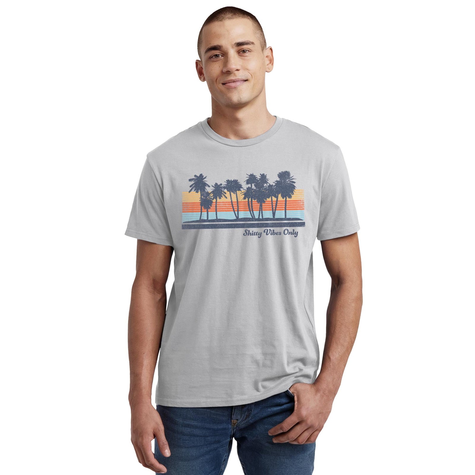 Shitty Vibes Only Designer Staple T-shirt in Silver On Model - Front View
