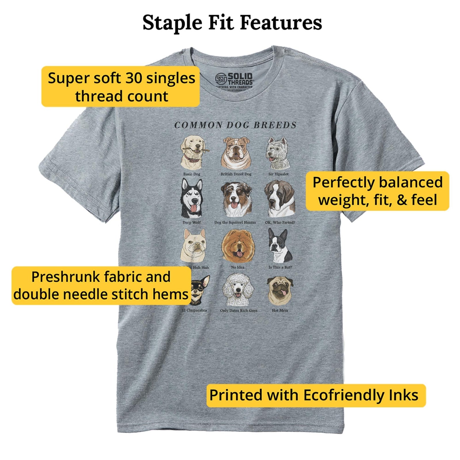 Common Dog Breeds Vintage Staple T-shirt in Ash Heather - Fit Attributes