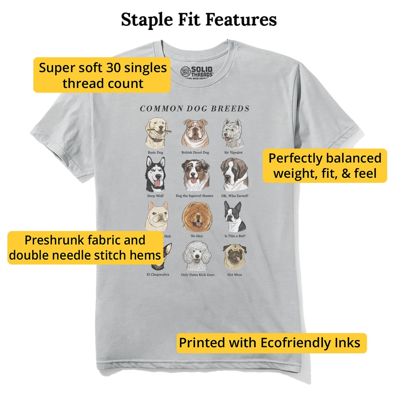 Common Dog Breeds Vintage Staple T-shirt in Silver - Fit Attributes