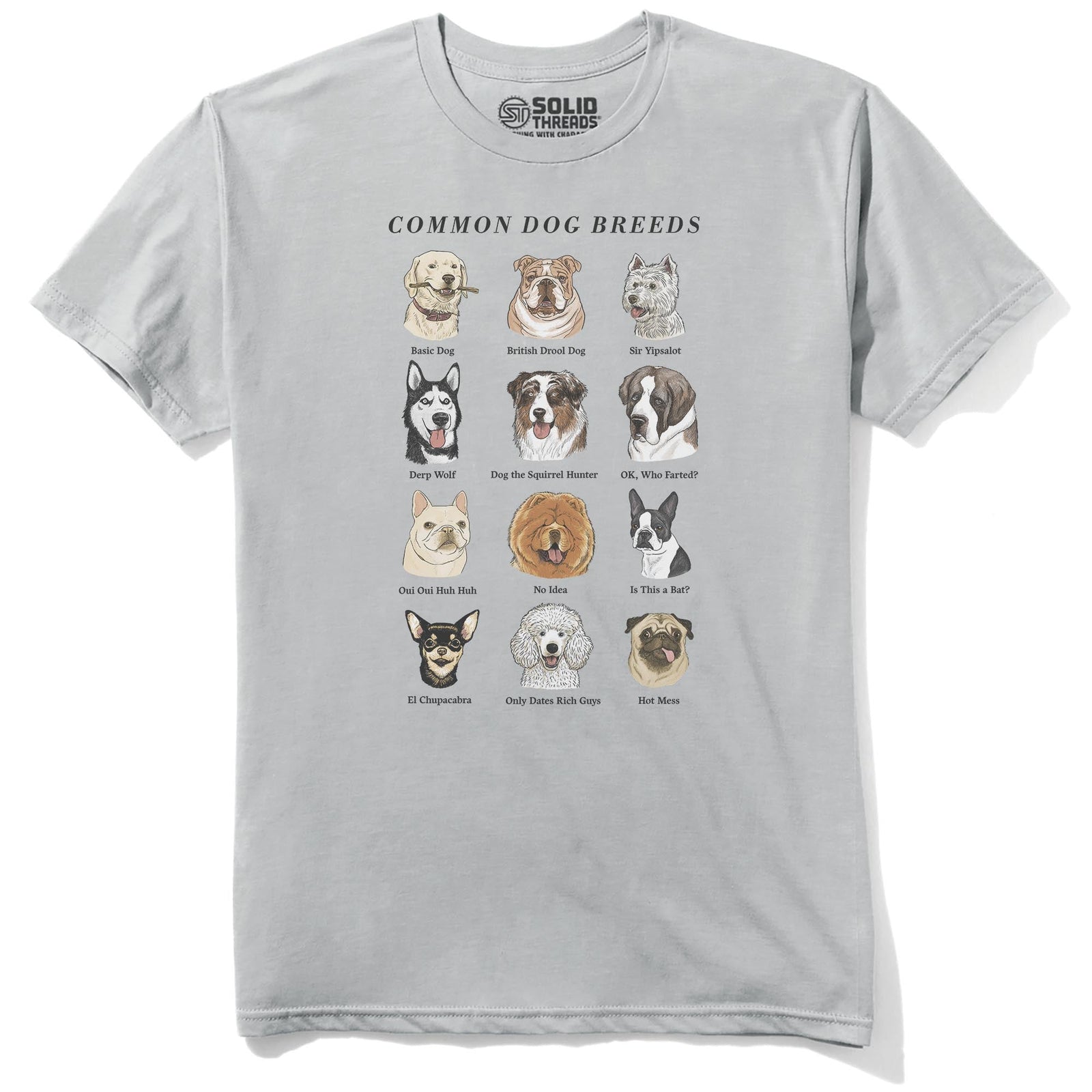 Common Dog Breeds Vintage Staple T-shirt in Silver - Front View