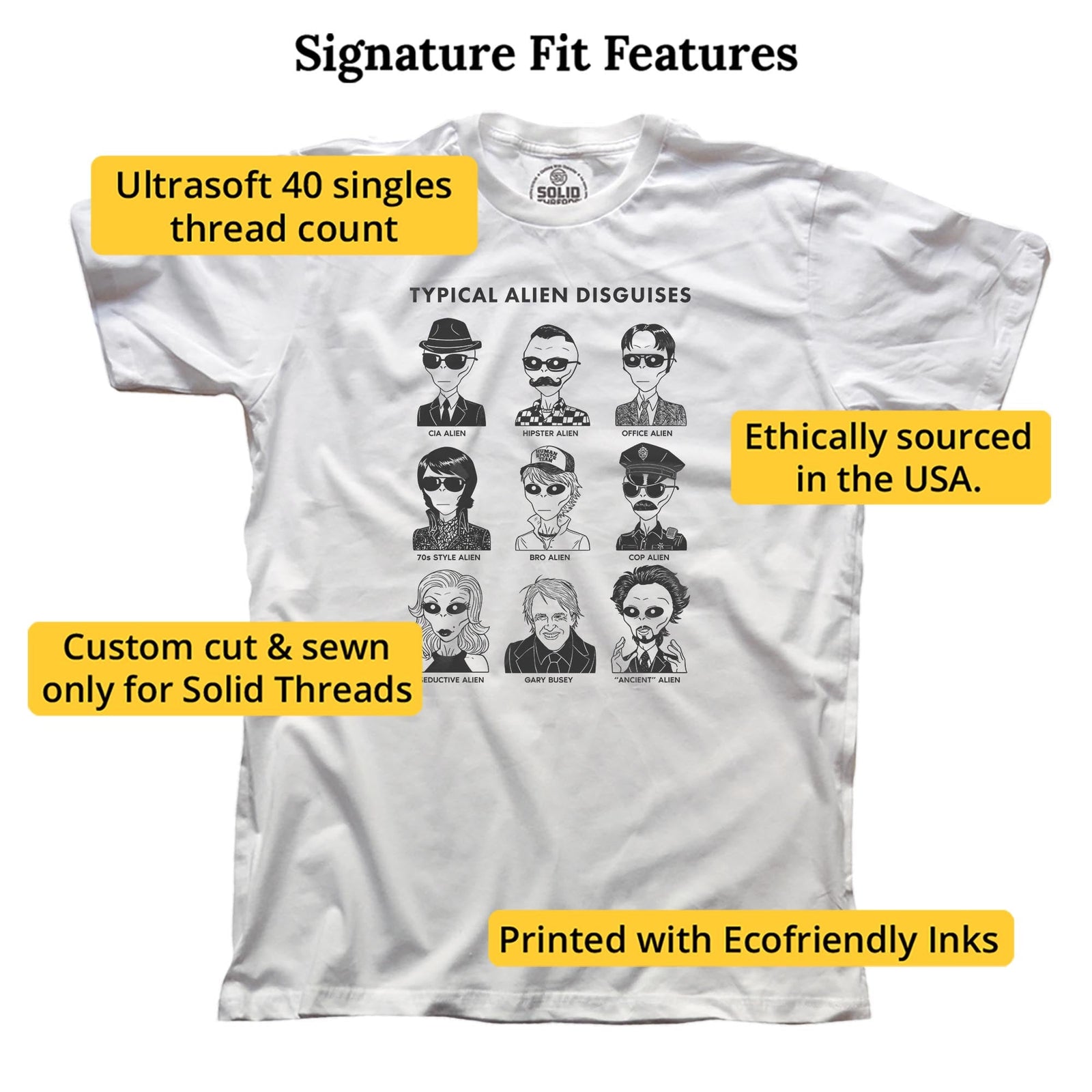 Typical Alien Disguises Funny Signature T-shirt in White - Fit Attributes