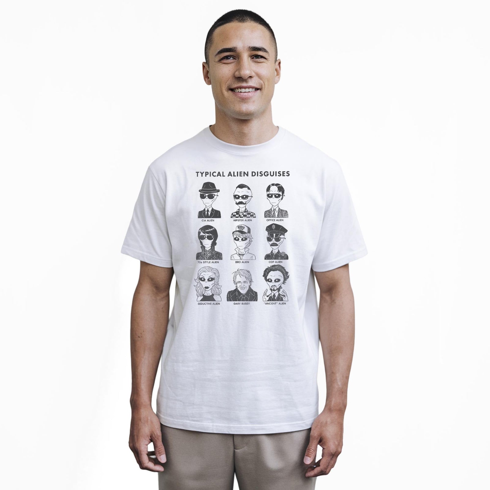 Typical Alien Disguises Funny Staple T-shirt in White On Model - Front View