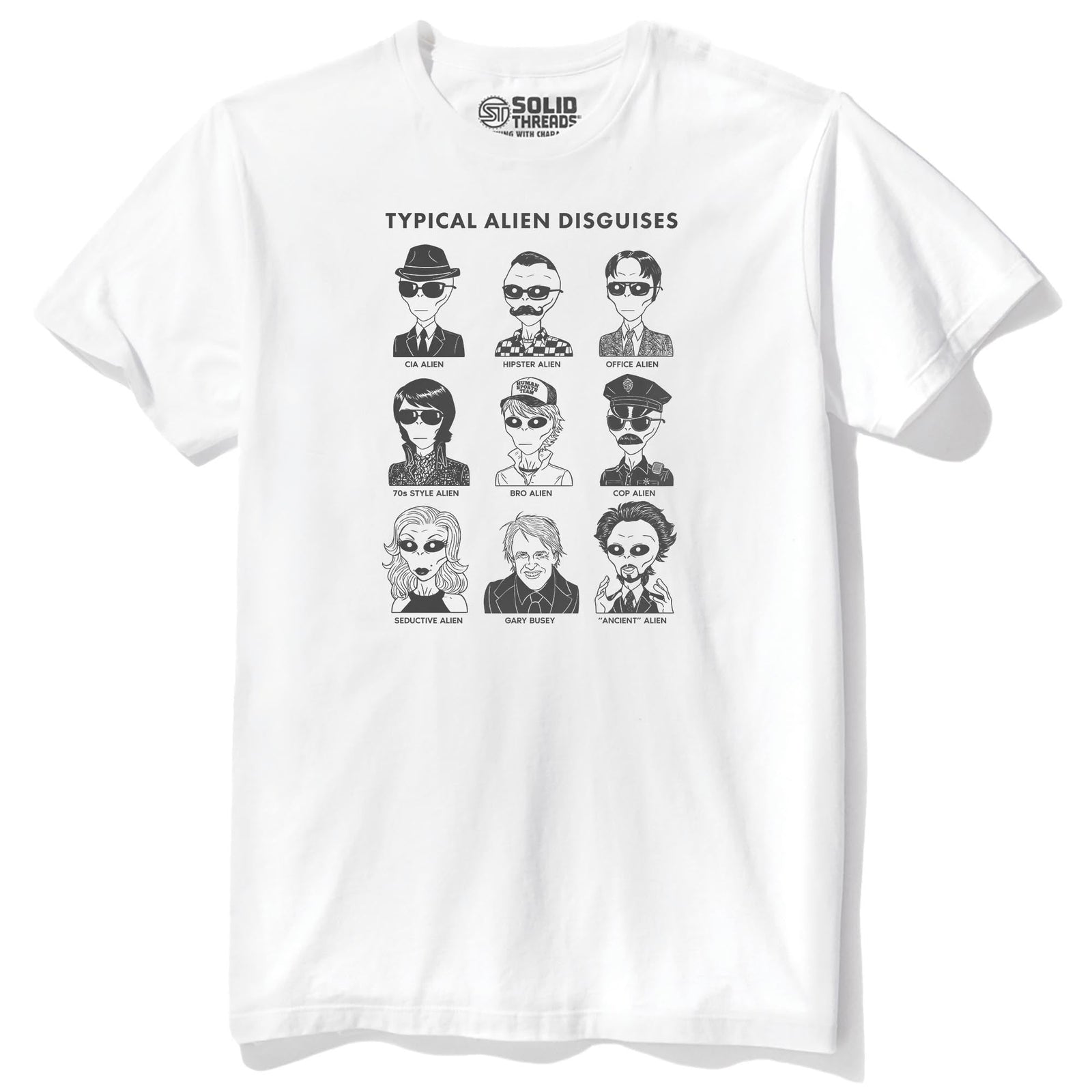 Typical Alien Disguises Funny Staple T-shirt in White - Front View