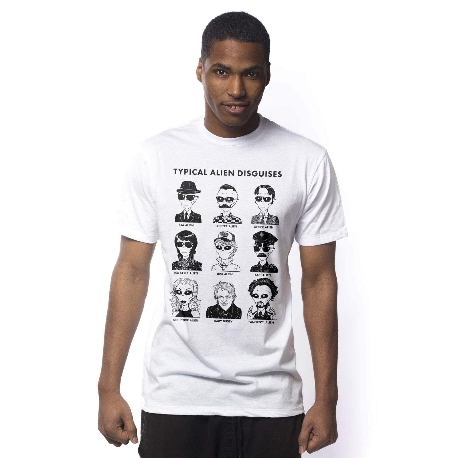 Men's Typical Alien Disguises Funny Sci Fi Graphic T-Shirt | Cool UFO Tee On Model | Solid Threads