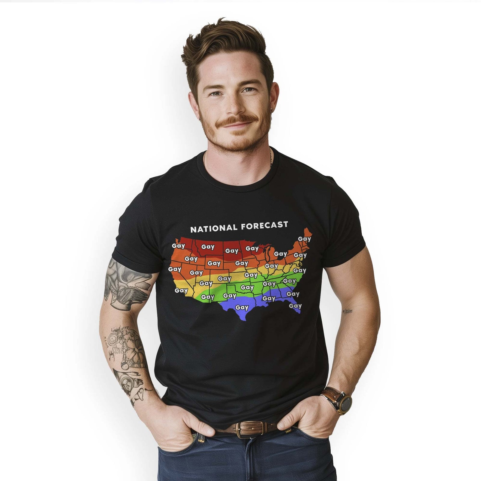 Men's Gay Weather Forecast Funny Graphic T-Shirt | Designer Pride Lbgtq Tee On Model | Solid Threads