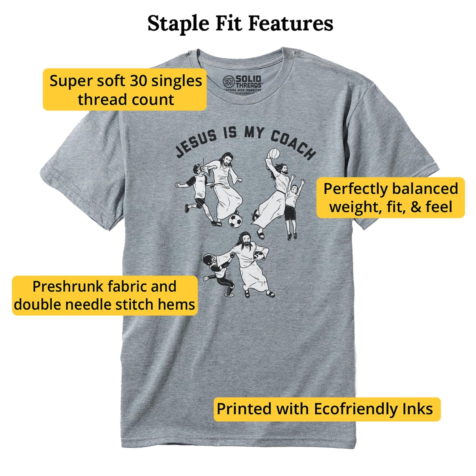 Jesus Is My Coach Funny Staple T-shirt in Ash Heather - Fit Attributes