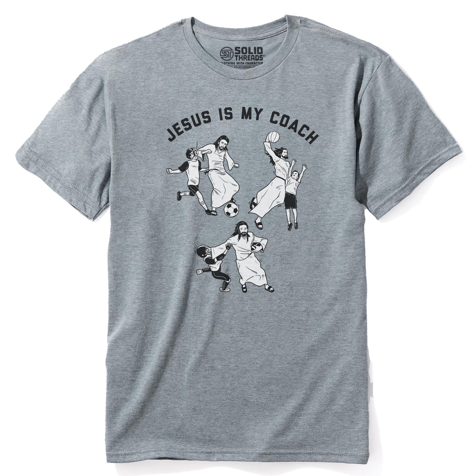 Jesus Is My Coach Funny Staple T-shirt in Ash Heather - Front View