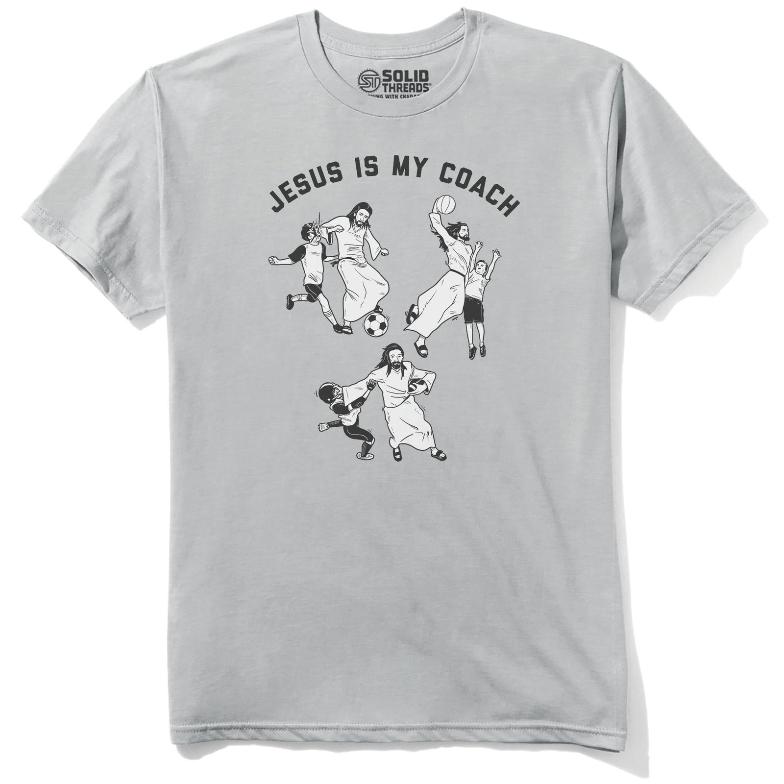 Jesus Is My Coach Funny Staple T-shirt in Silver - Front View