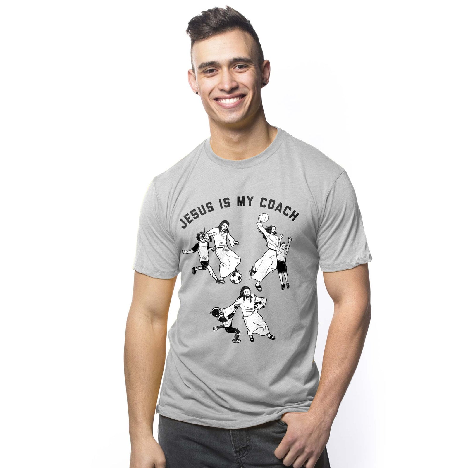 Men's Jesus Is My Coach Funny Sports Graphic T-Shirt | Vintage Football Tee On Model | Solid Threads