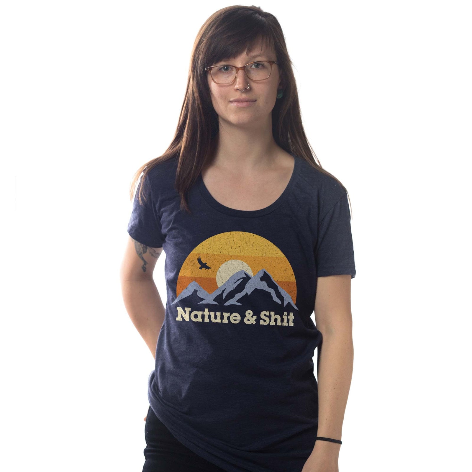 Women's Nature & Shit Funny Graphic T-Shirt | Vintage Mountain Sunset Tee On Model | Solid Threads