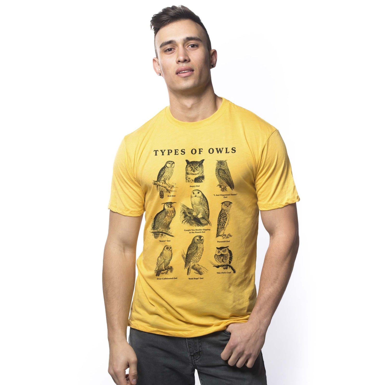 Men's Types Of Owls Funny Graphic T-Shirt | Vintage Birds Nature Tee On Model | Solid Threads
