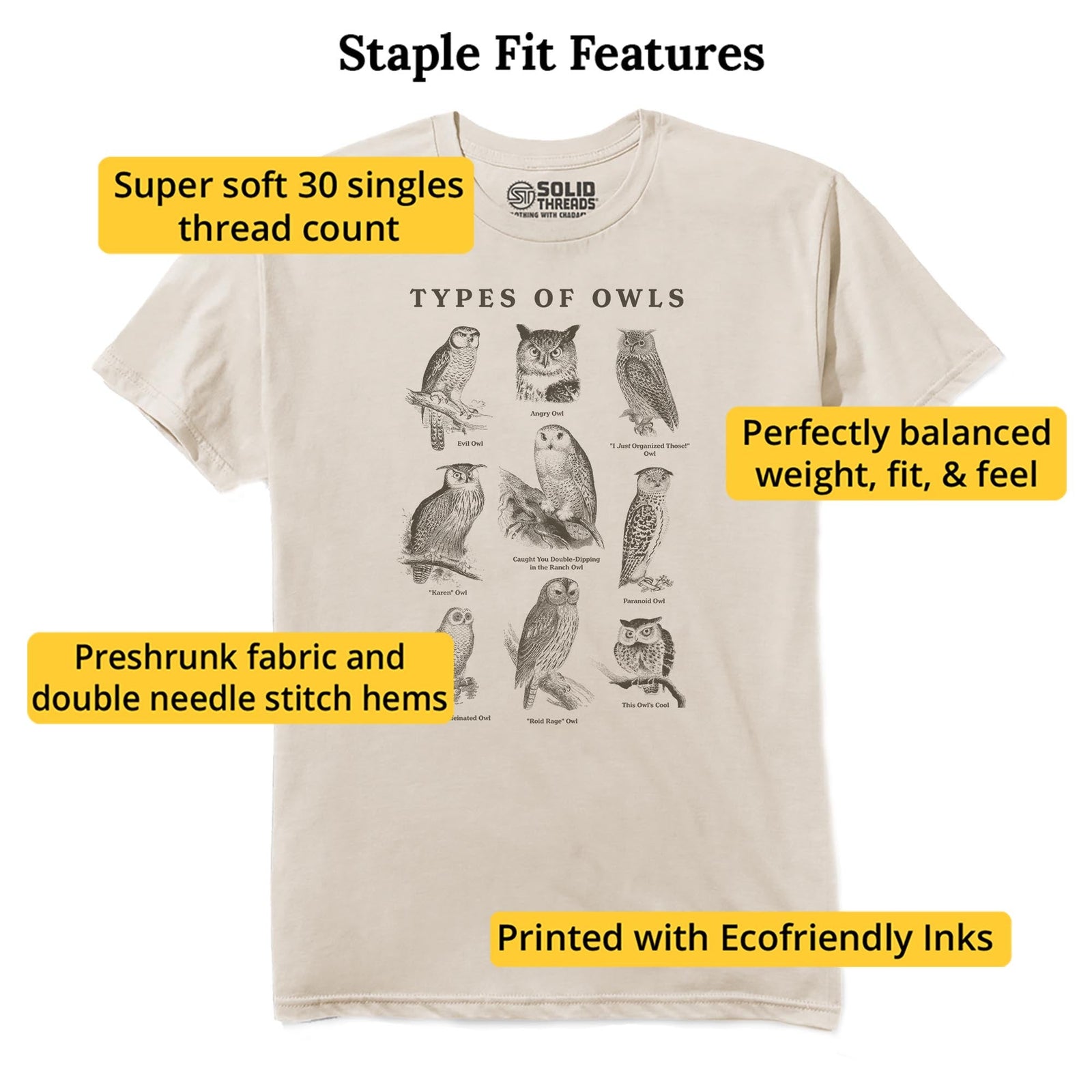 Types Of Owls Funny Staple T-shirt in Natural - Fit Attributes