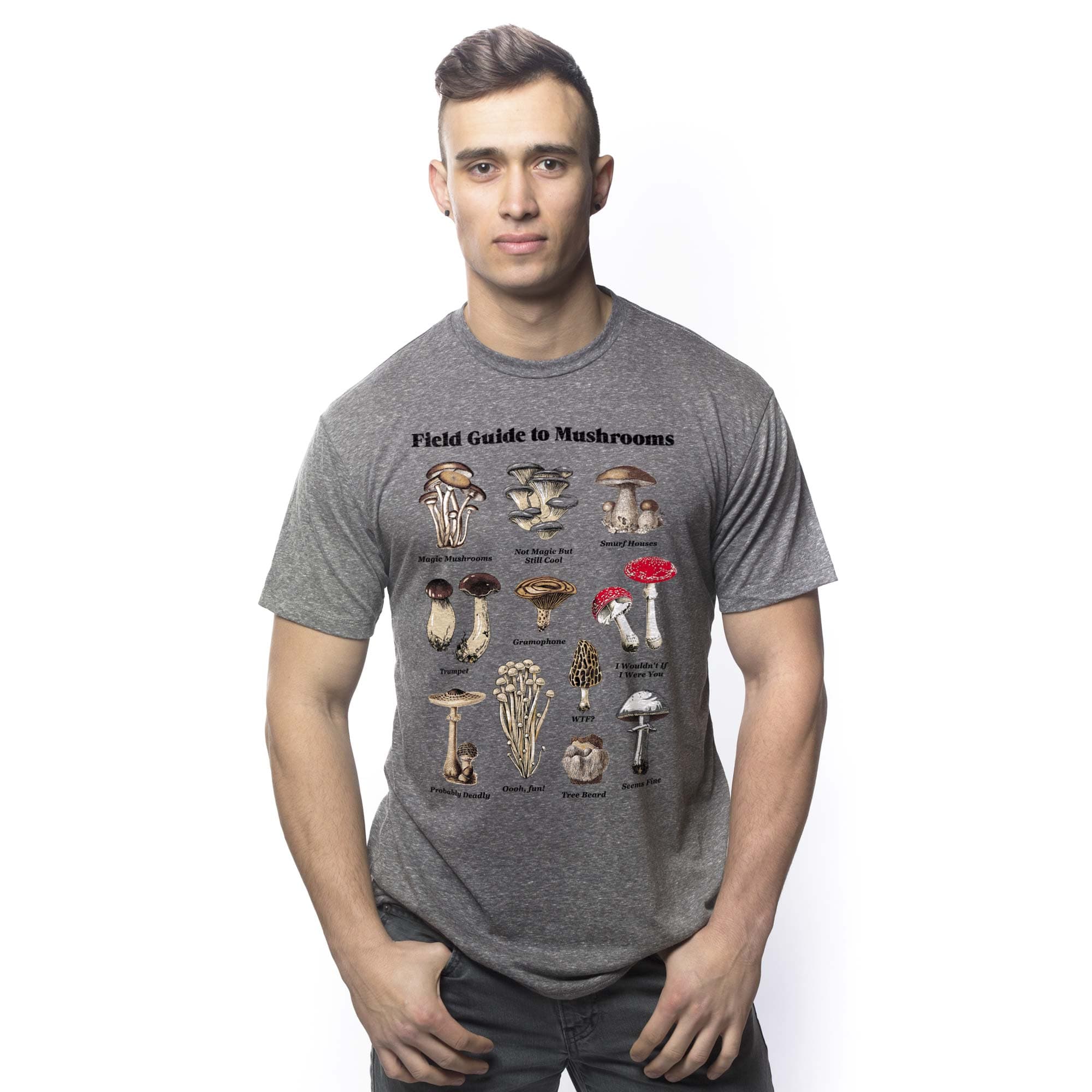 Men's Guide To Mushrooms Vintage Graphic T-Shirt | Cool Science Chart Tee On Model | Solid Threads