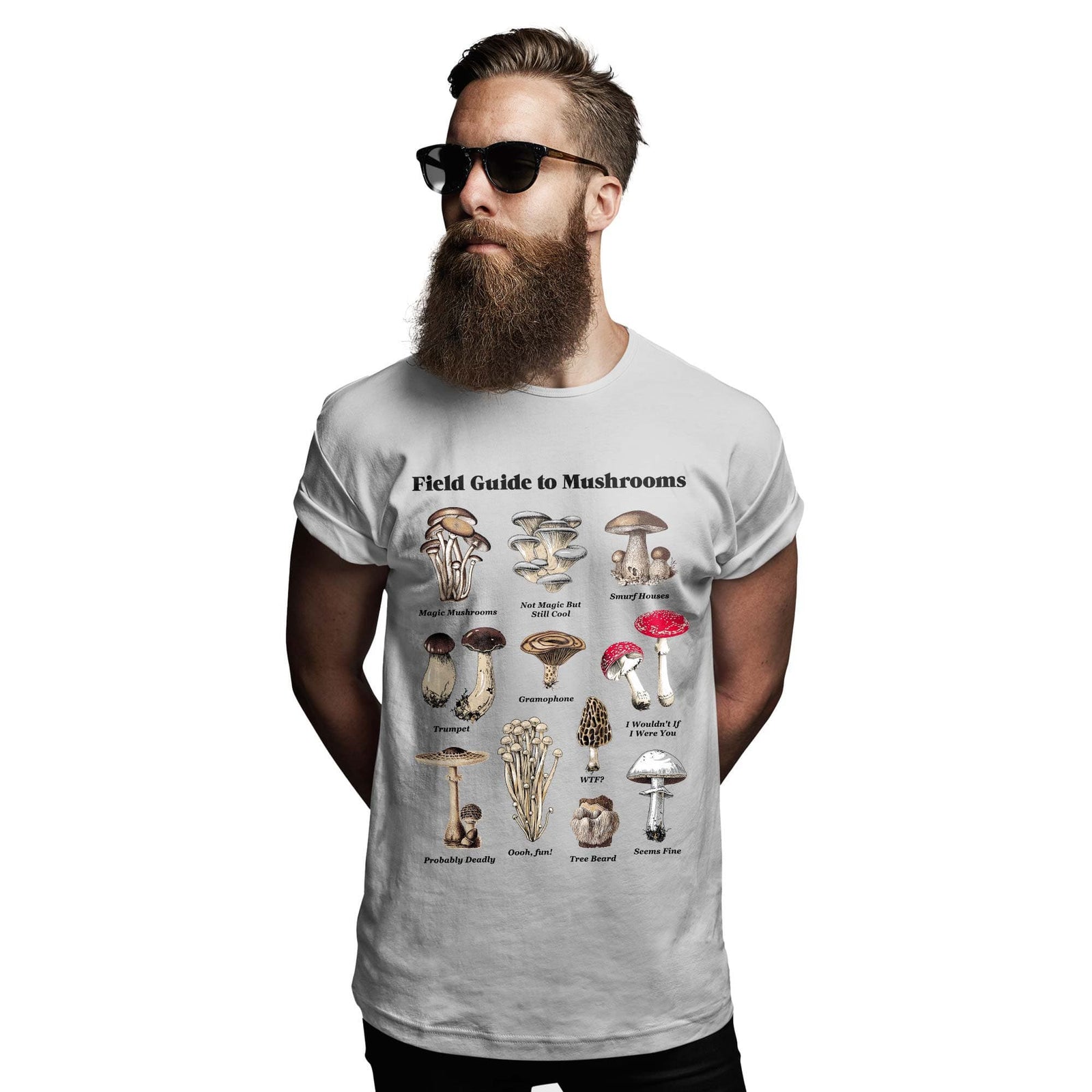 Men's Guide To Mushrooms Vintage Graphic T-Shirt | Cool Science Chart Tee On Model | Solid Threads