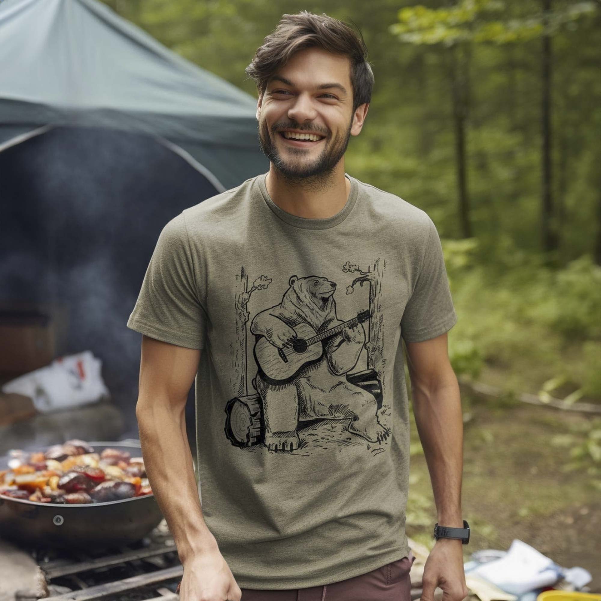 Men's Acoustic Guitar Bear Cool Graphic T-Shirt | Artsy Forest Camping Tee On Model | Solid Threads