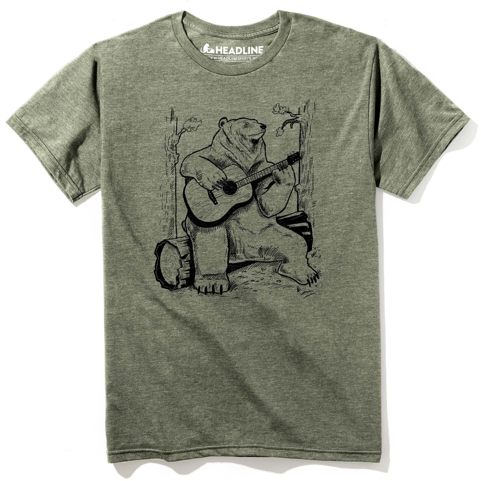 Men's Acoustic Guitar Bear Cool Graphic T-Shirt | Designer Forest Log Camping Tee | Solid Threads