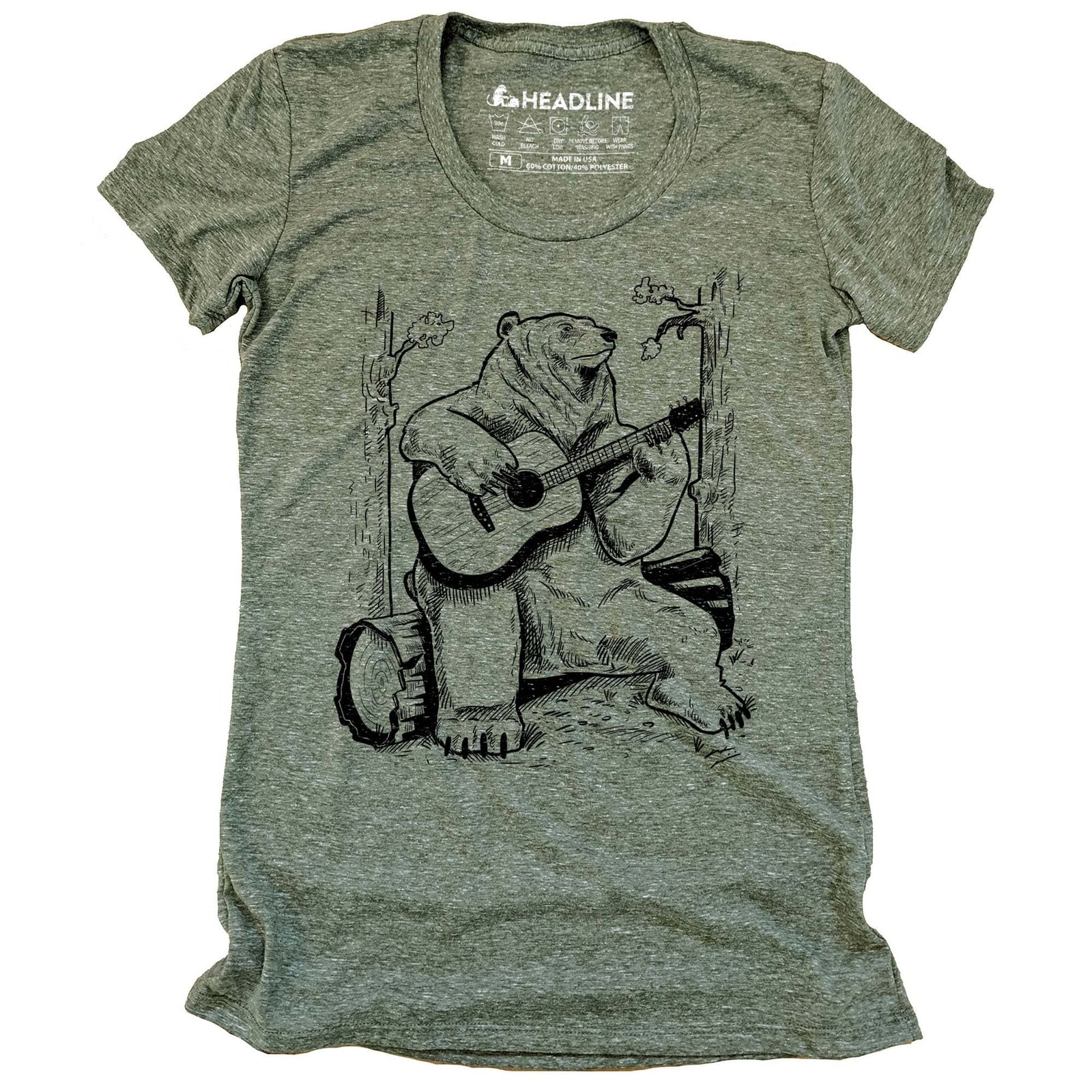Women's Acoustic Guitar Bear Cool Graphic T-Shirt | Designer Forest Log Camping Tee | Solid Threads