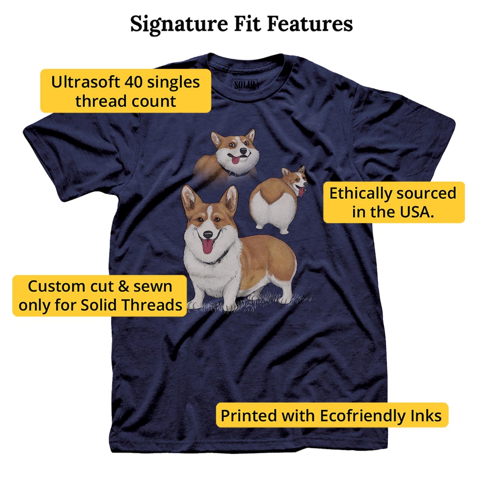 Corgi Collage Funny Signature T-shirt in Navy - Fit Attributes