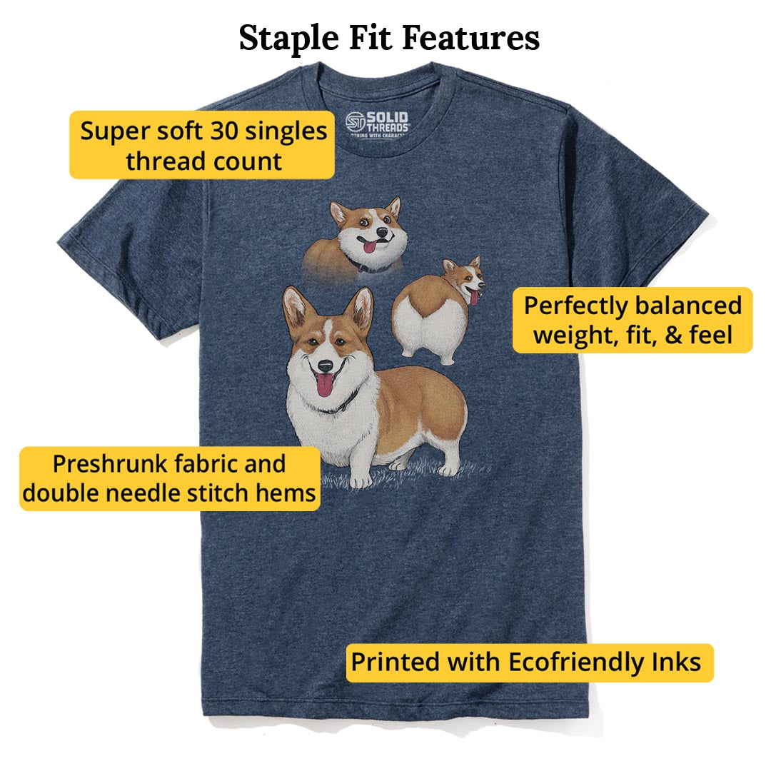 Corgi Collage Funny Staple T-shirt in Navy Heather - Fit Attributes