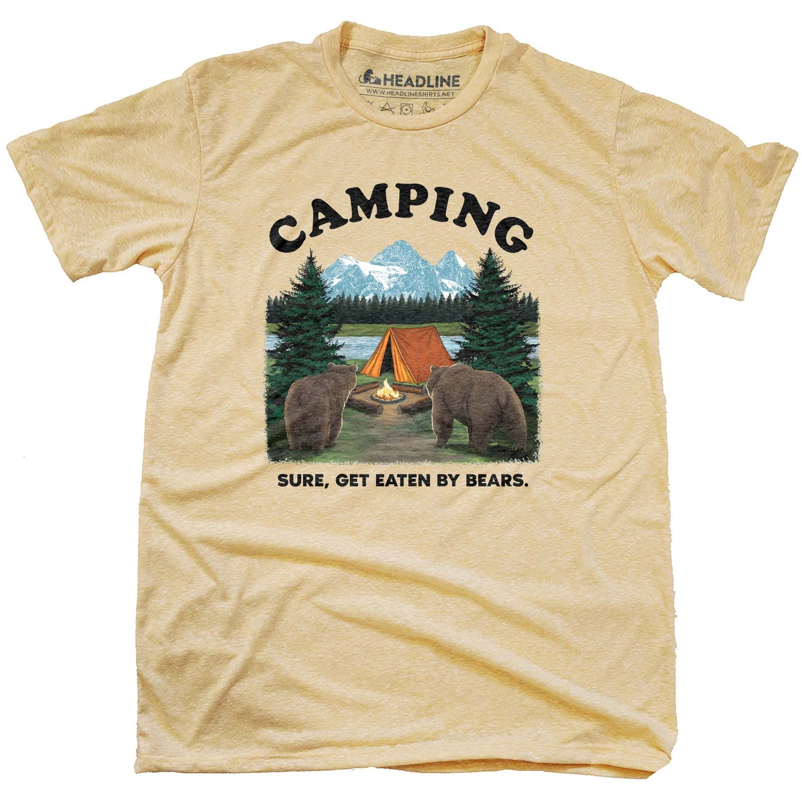 Men's Camping, Sure Get Eaten By Bears Funny Graphic T-Shirt | Vintage Tent Mountains Tee | Solid Threads