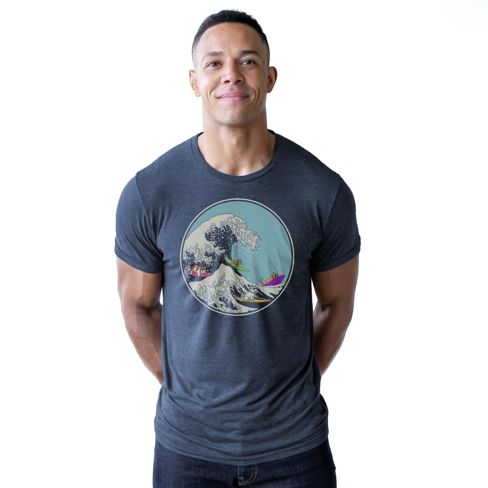 Dogs Ridin' The Wave Designer Staple T-shirt in Navy Heather On Model - Front View