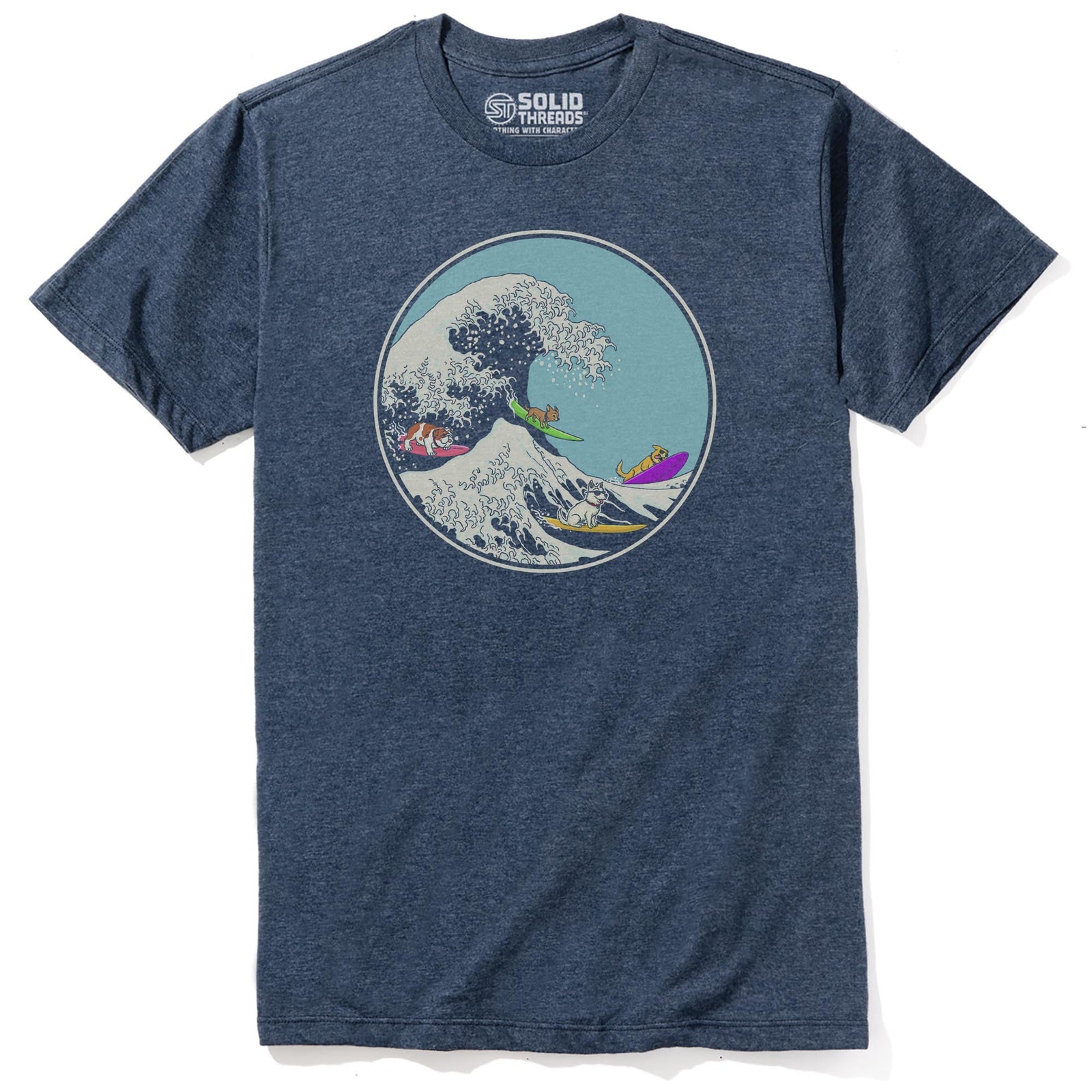 Dogs Ridin' The Wave Designer Staple T-shirt in Navy Heather - Front View