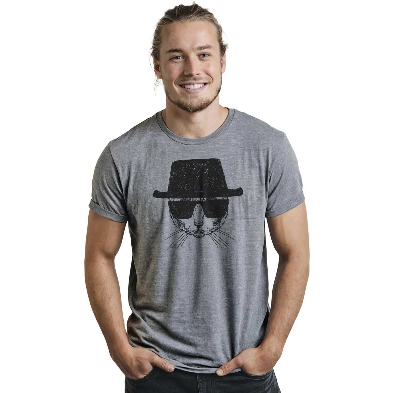 Catsenberg Funny Staple T-shirt in Ash Heather On Model - Front View