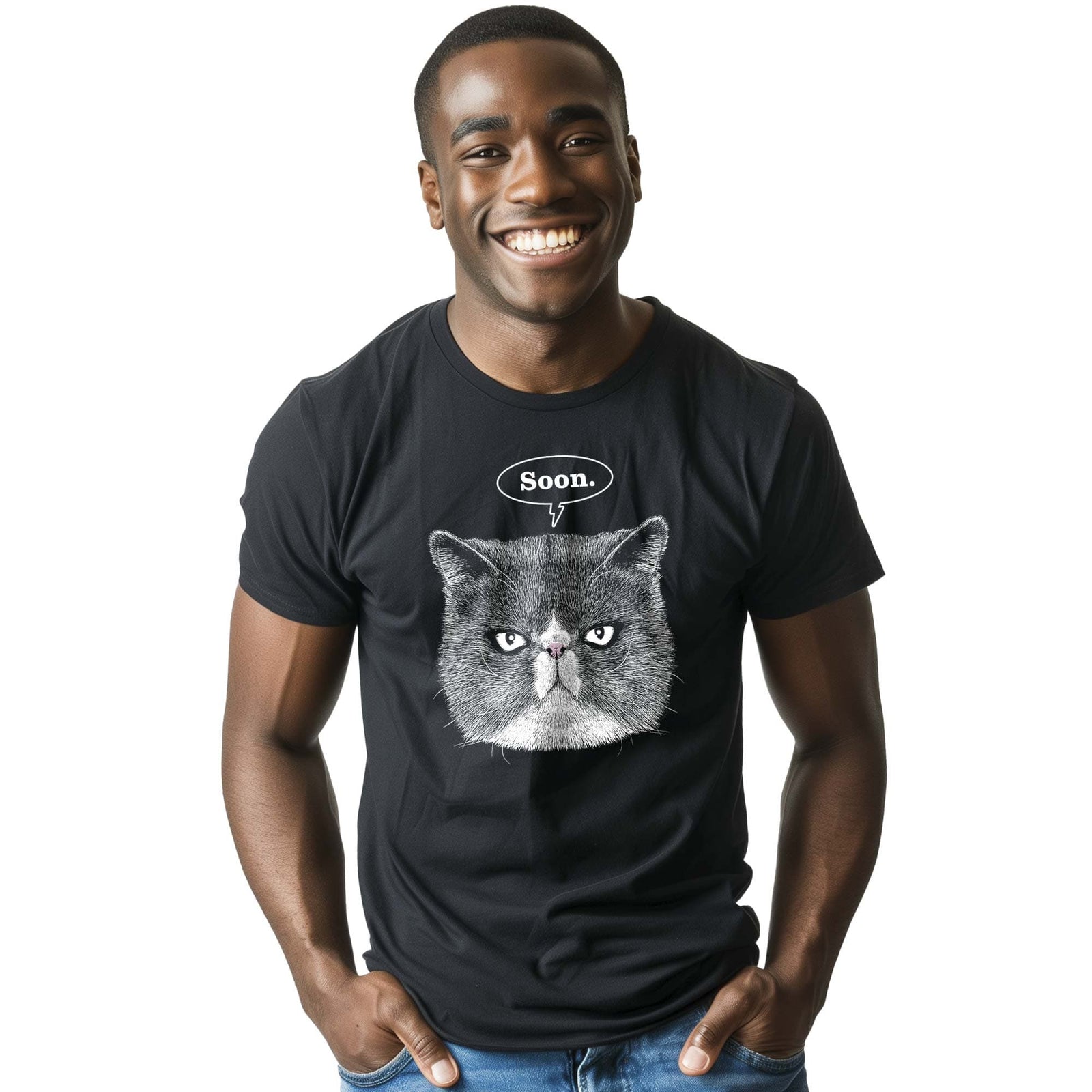 Men's Evil Cat Funny Graphic T-Shirt | Cool Soon Tee On Model | Solid Threads