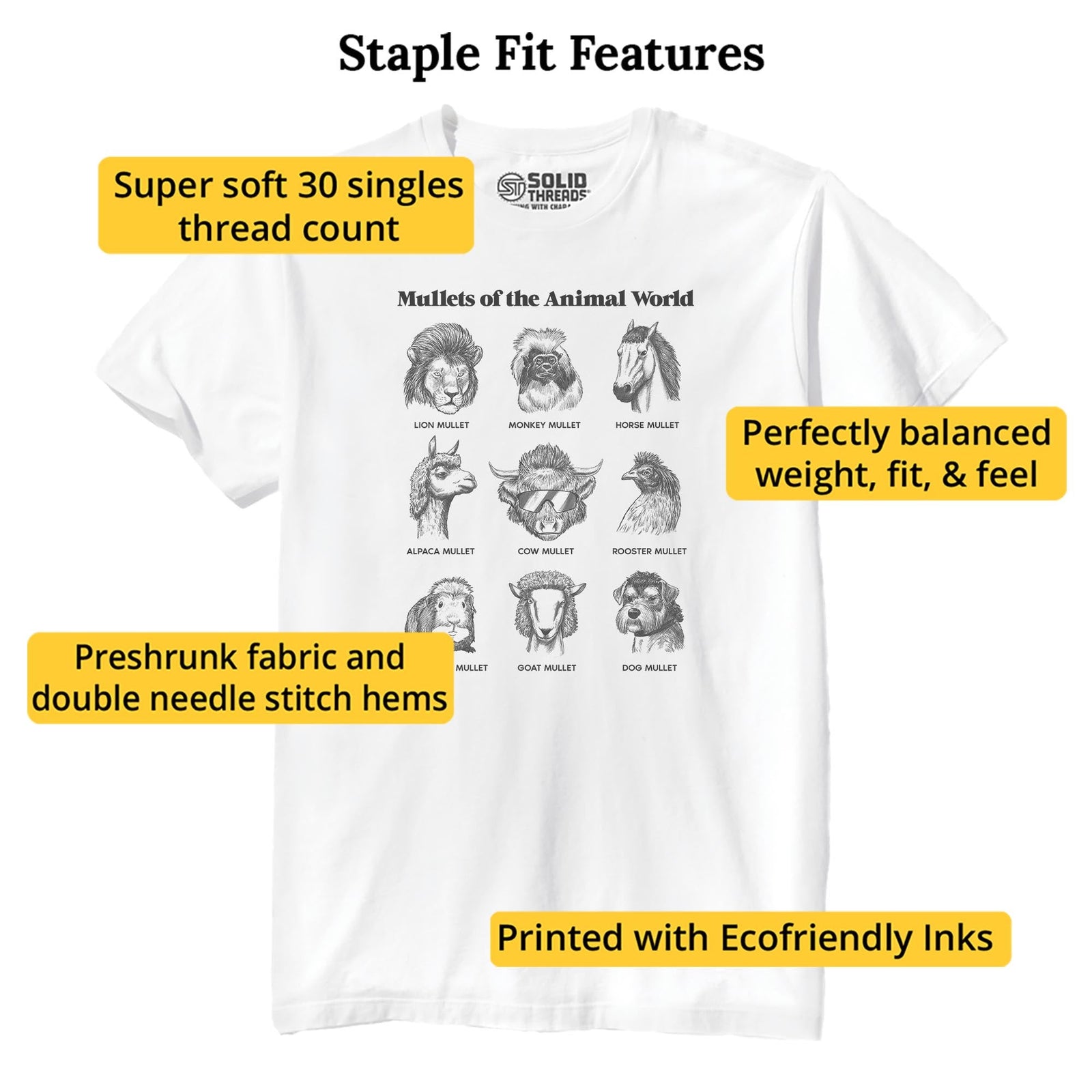 Mullets Of The Animal World Funny Staple T-shirt in White - Fit Attributes