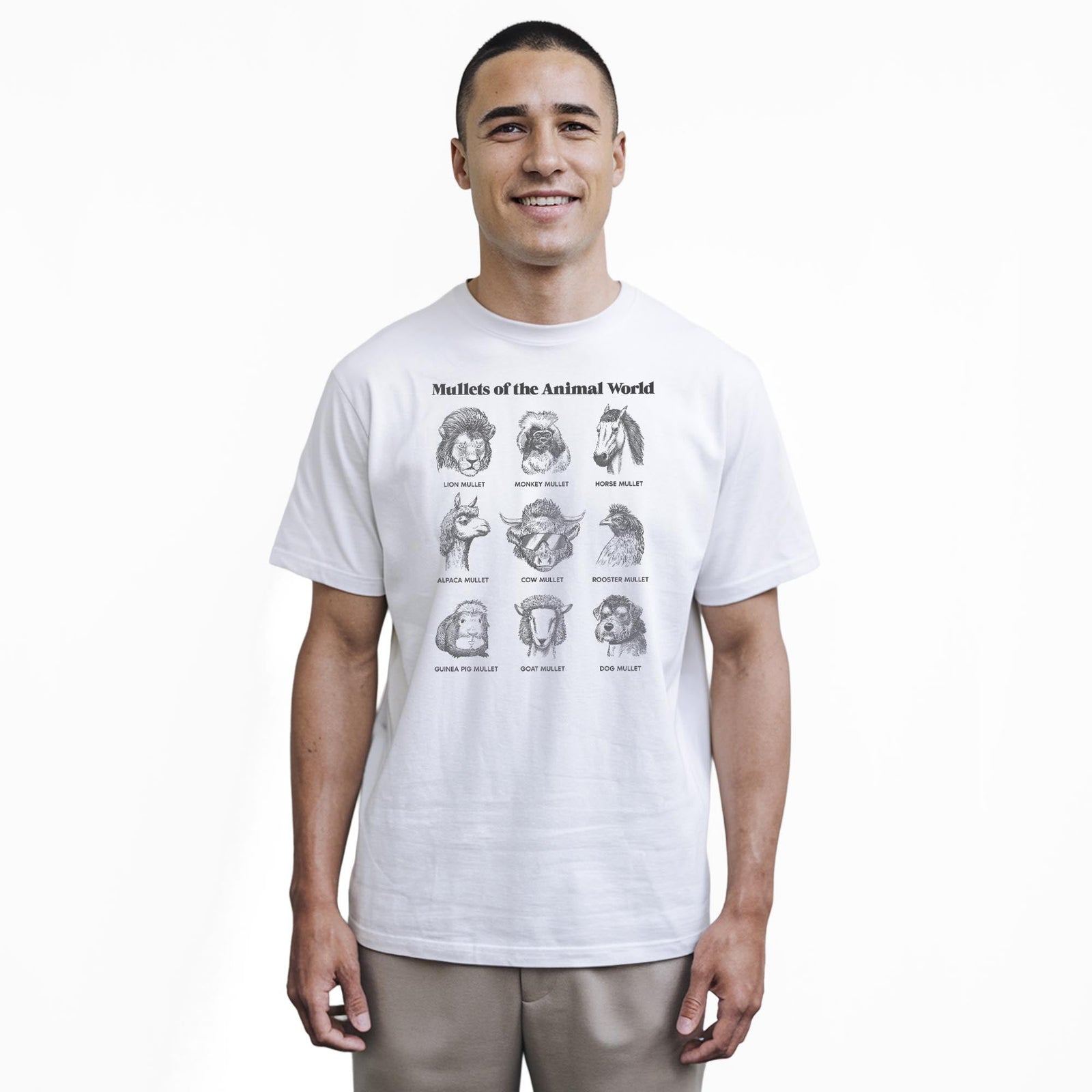 Mullets Of The Animal World Funny Staple T-shirt in White On Model - Front View