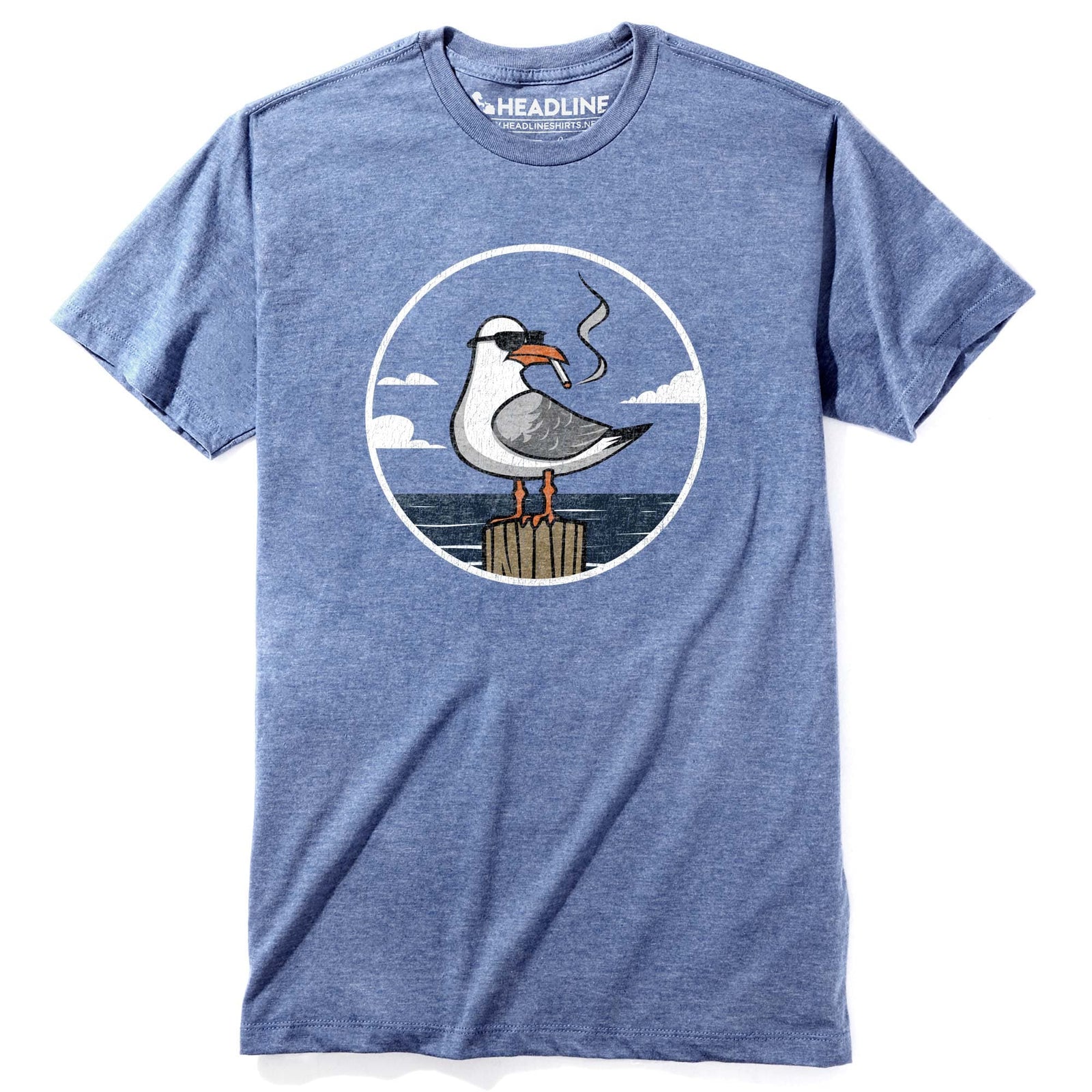 Men's Bad Seagull Designer Boardwalk Graphic T-Shirt | Vintage Beach Smoking Tee | Solid Threads
