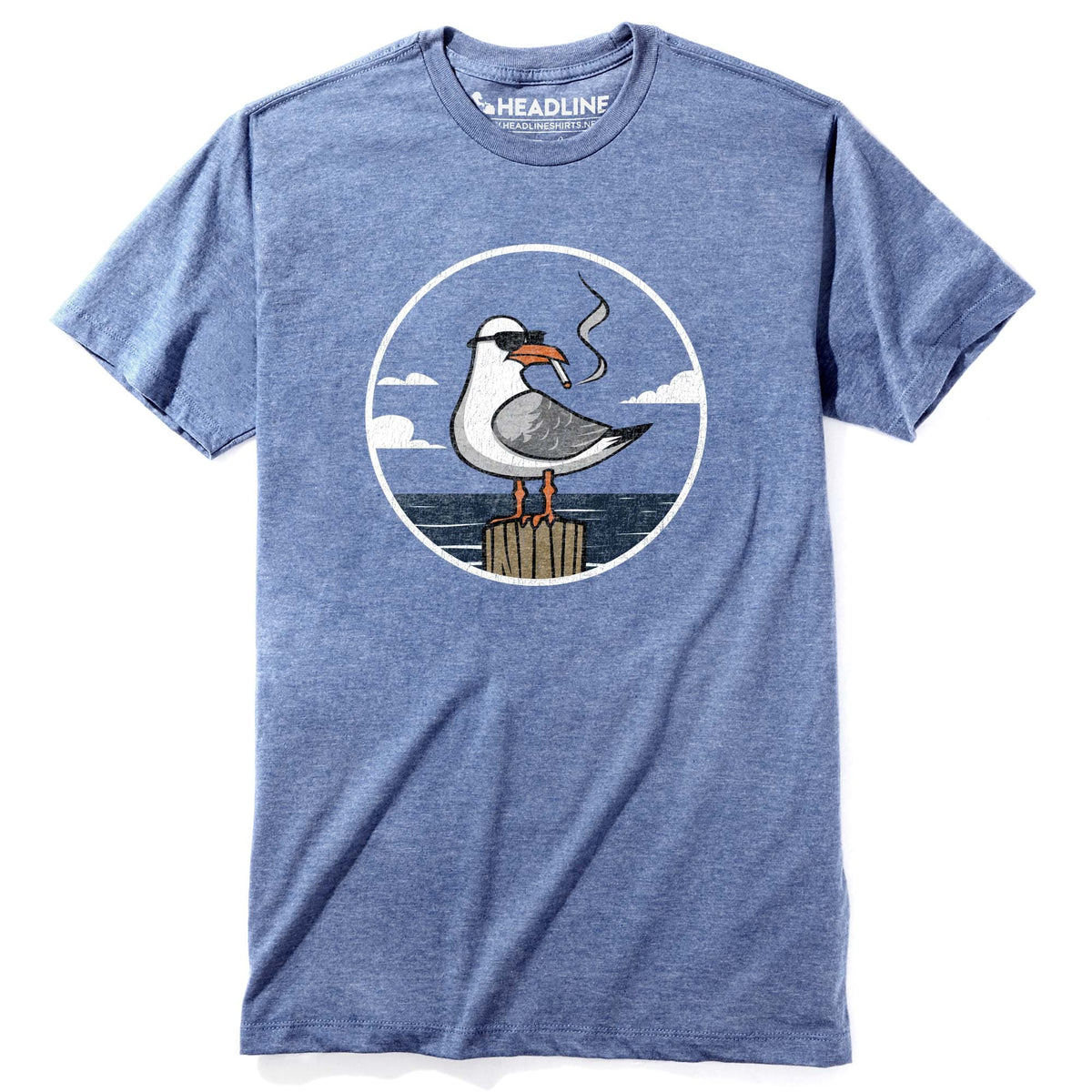 Men&#39;s Bad Seagull Designer Boardwalk Graphic T-Shirt | Vintage Beach Smoking Tee | Solid Threads