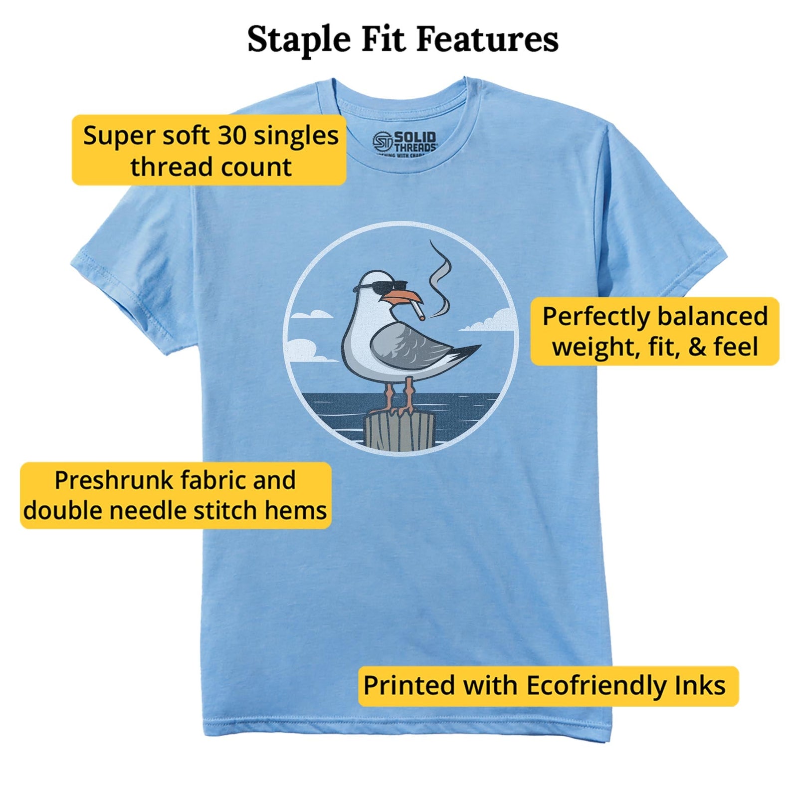 Bad Seagull Designer Staple T-shirt in Light Blue Heather - Fit Attributes