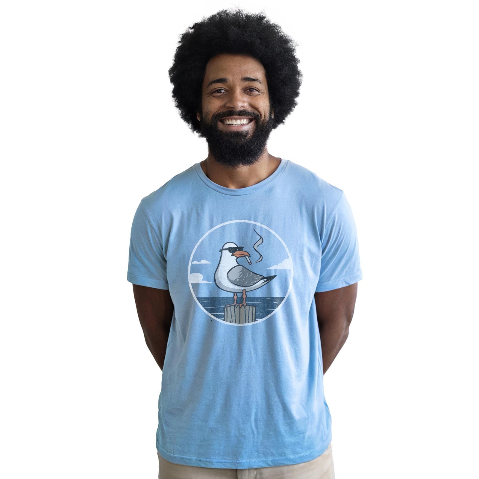 Bad Seagull Designer Staple T-shirt in Light Blue Heather On Model - Front View