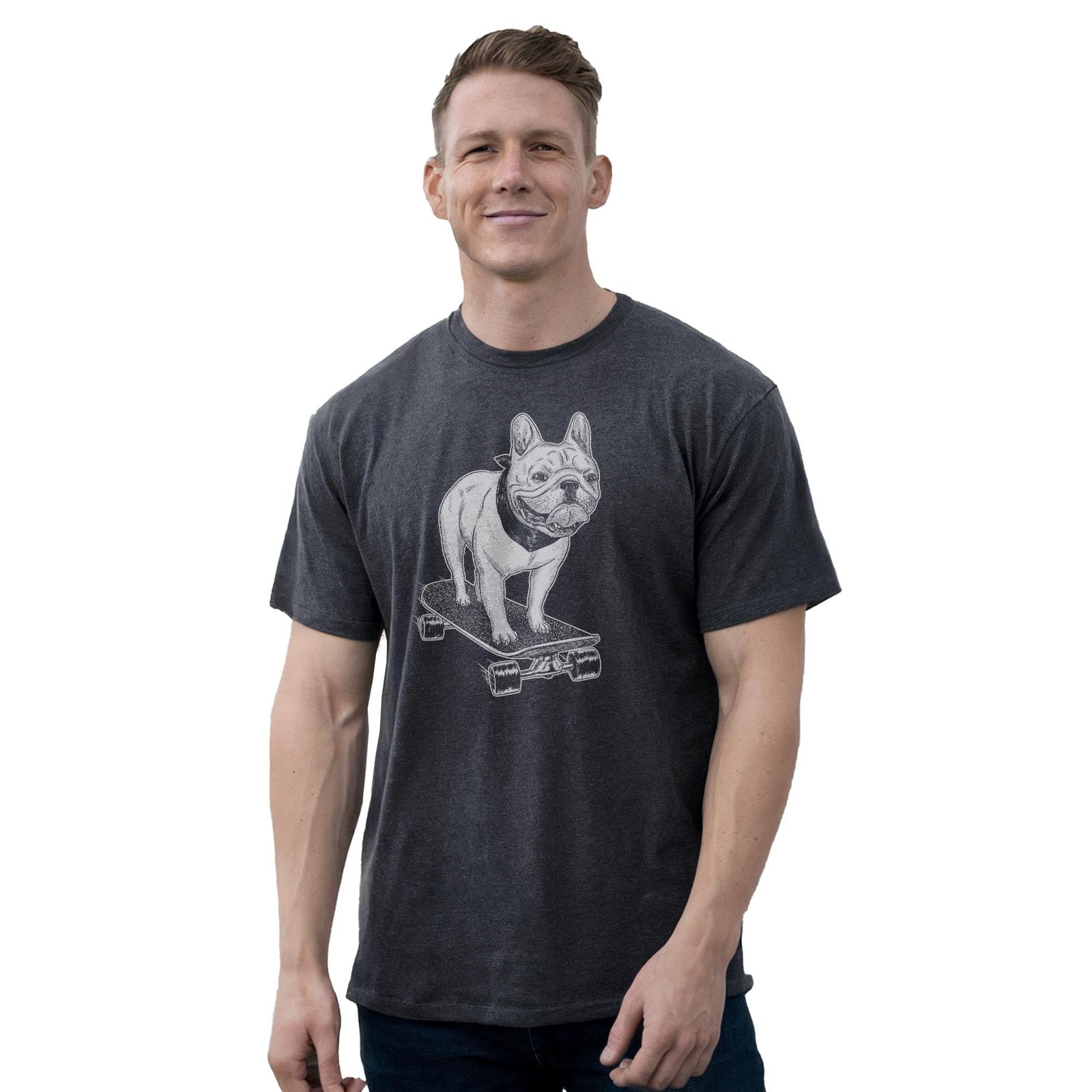 Frenchie Skateboarding Cool Staple T-shirt in Charcoal Heather On Model - Front View