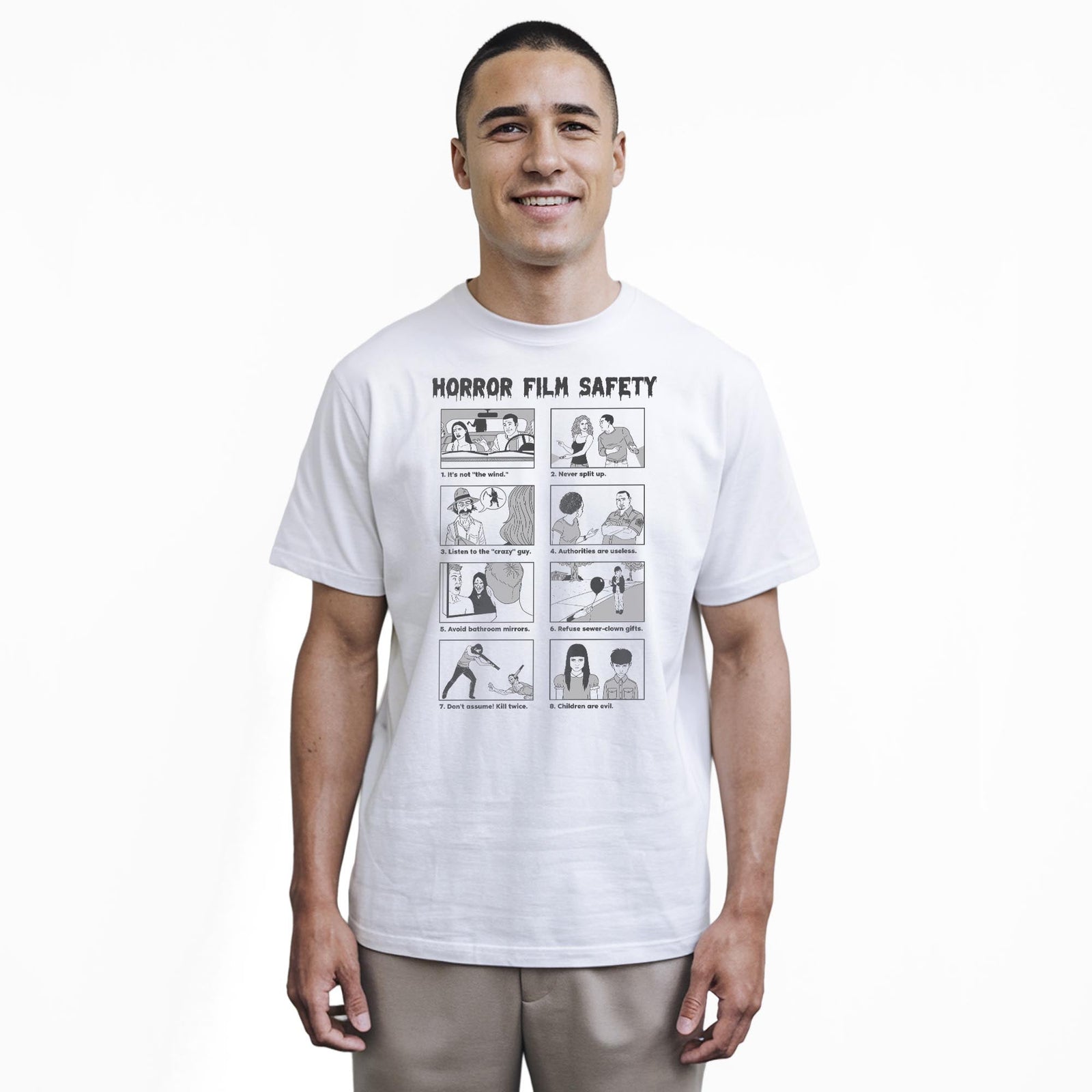 Horror Film Safety Guide Funny Staple T-shirt in White On Model - Front View