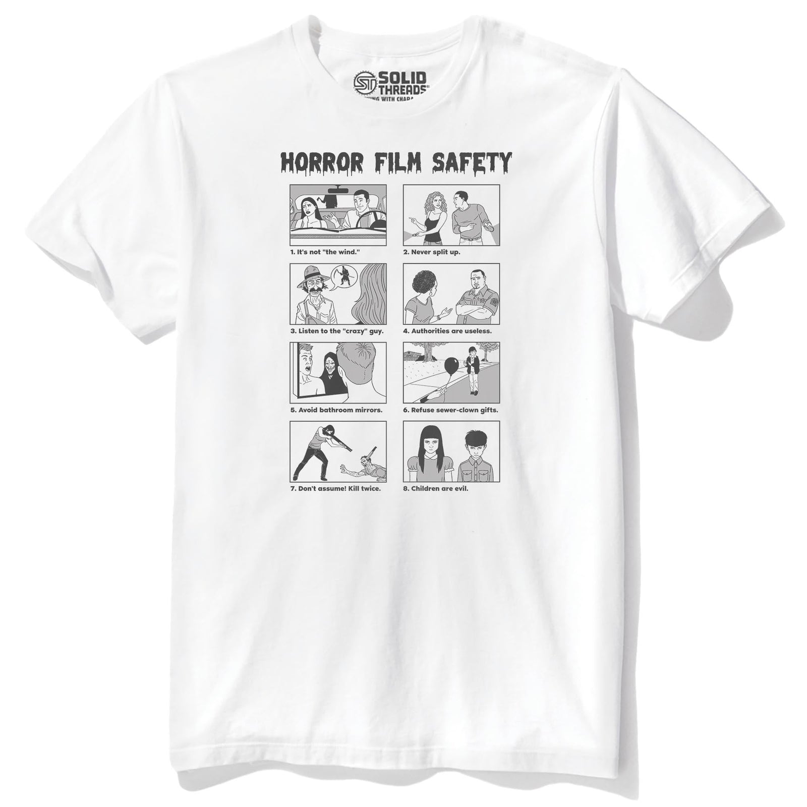 Horror Film Safety Guide Funny Staple T-shirt in White - Front View