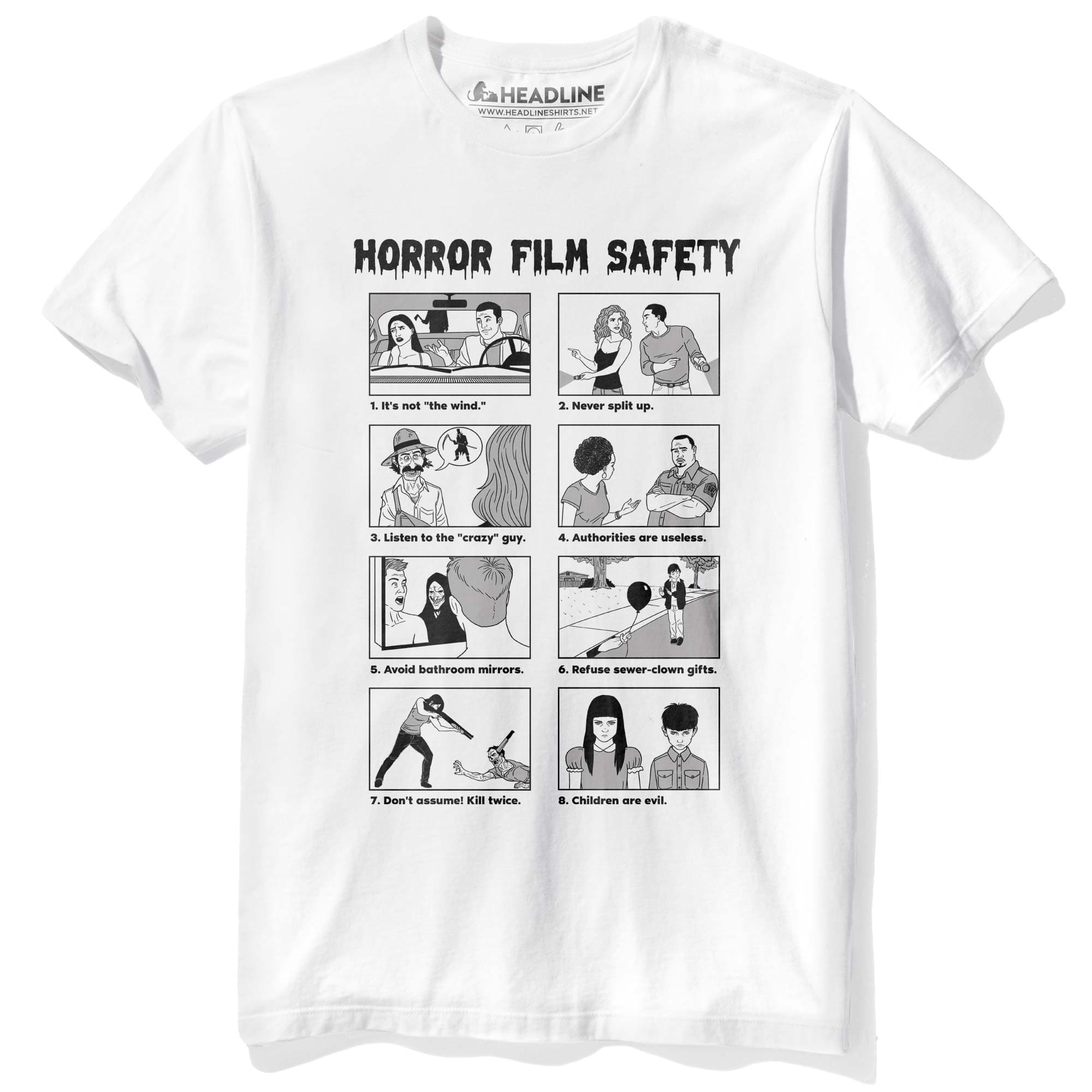 Men's Horror Film Safety Guide Funny Graphic T-Shirt | Designer Movie Parody  Tee | Solid Threads