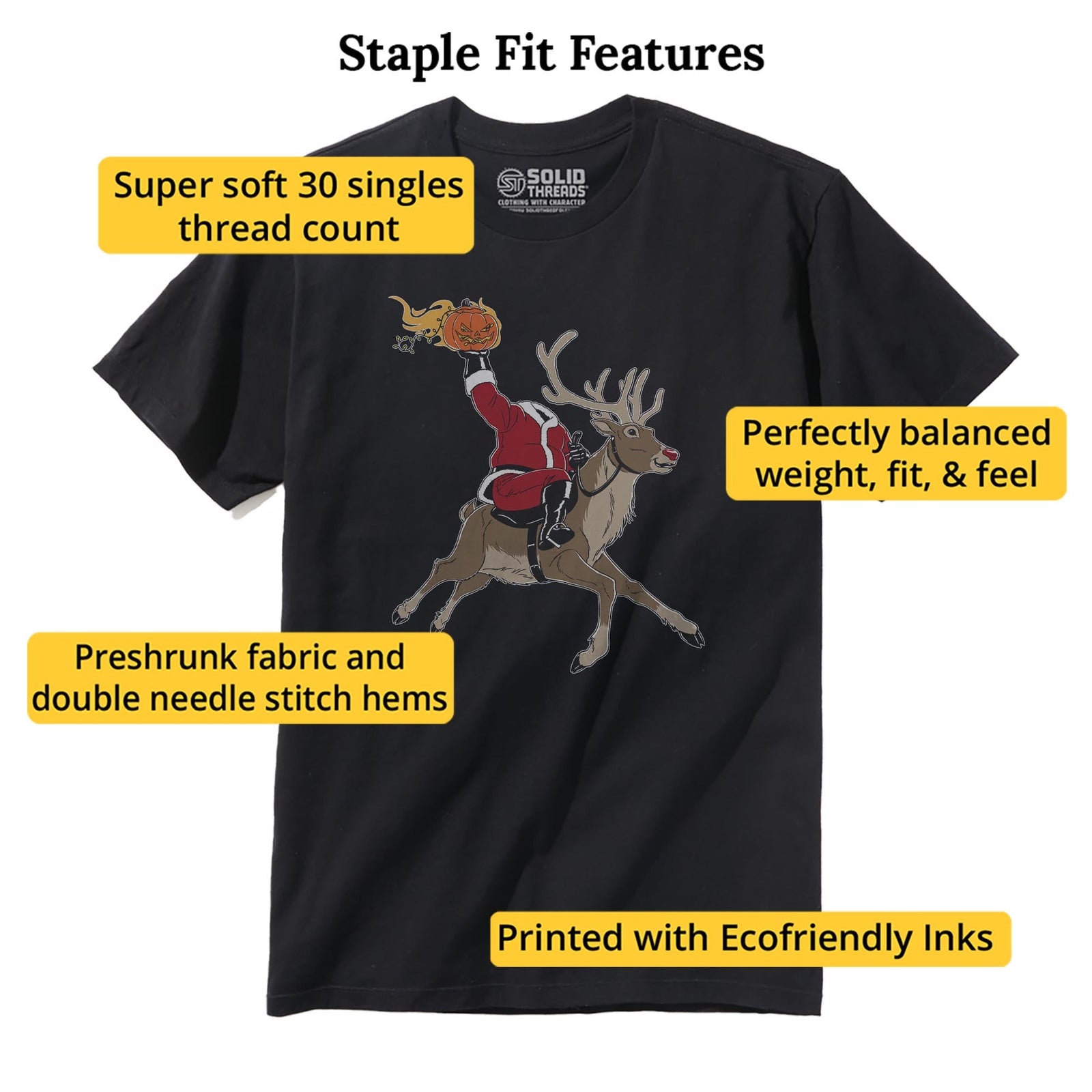 Headless Ho Ho Horseman Funny Staple T-shirt in Black - Fit Attributes