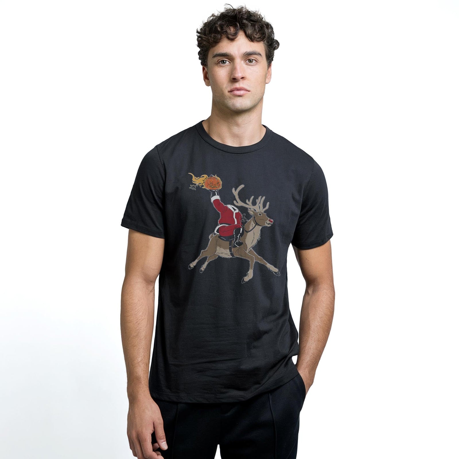 Headless Ho Ho Horseman Funny Staple T-shirt in Black On Model - Front View