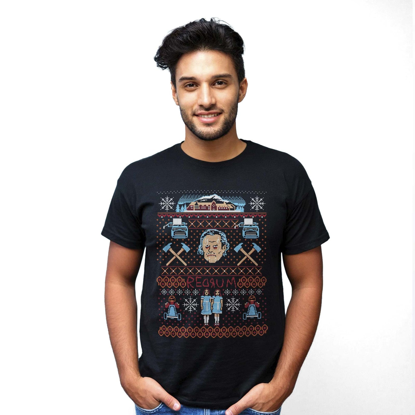 Men's A Very Redrum Christmas Cool Graphic T-Shirt | Designer Shining Sweater Tee On Model | Solid Threads