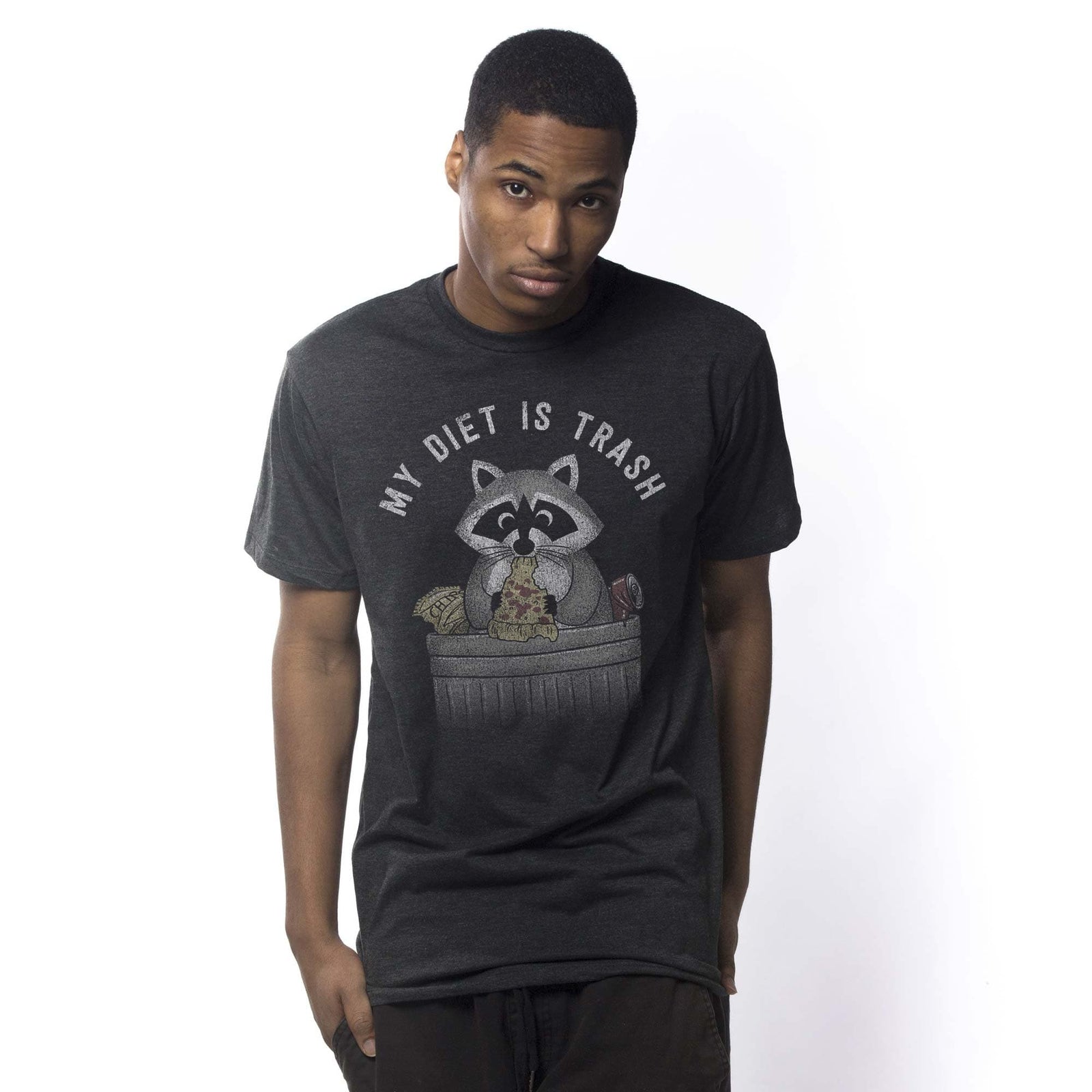 Men's Diet Is Trash Funny Graphic T-Shirt | Vintage Raccoon Pizza Tee On Model | Solid Threads