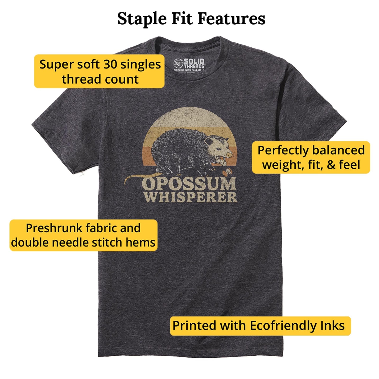 Opossum Whisperer Funny Staple T-shirt in Charcoal Heather - Fit Attributes