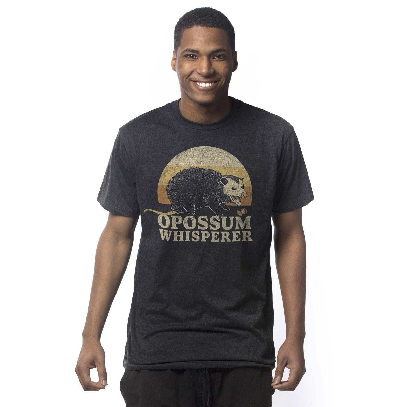 Men's Opossum Whisperer Funny Graphic T-Shirt | Vintage Sunset Trash Tee On Model | Solid Threads