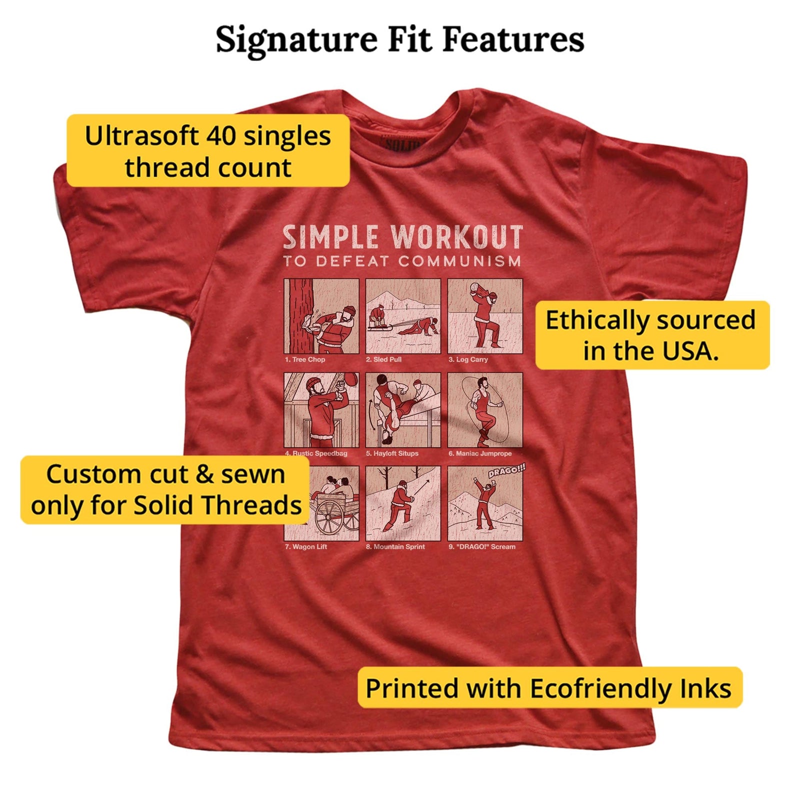 Simple Workout To Defeat Communism Designer Signature T-shirt in Red - Fit Attributes