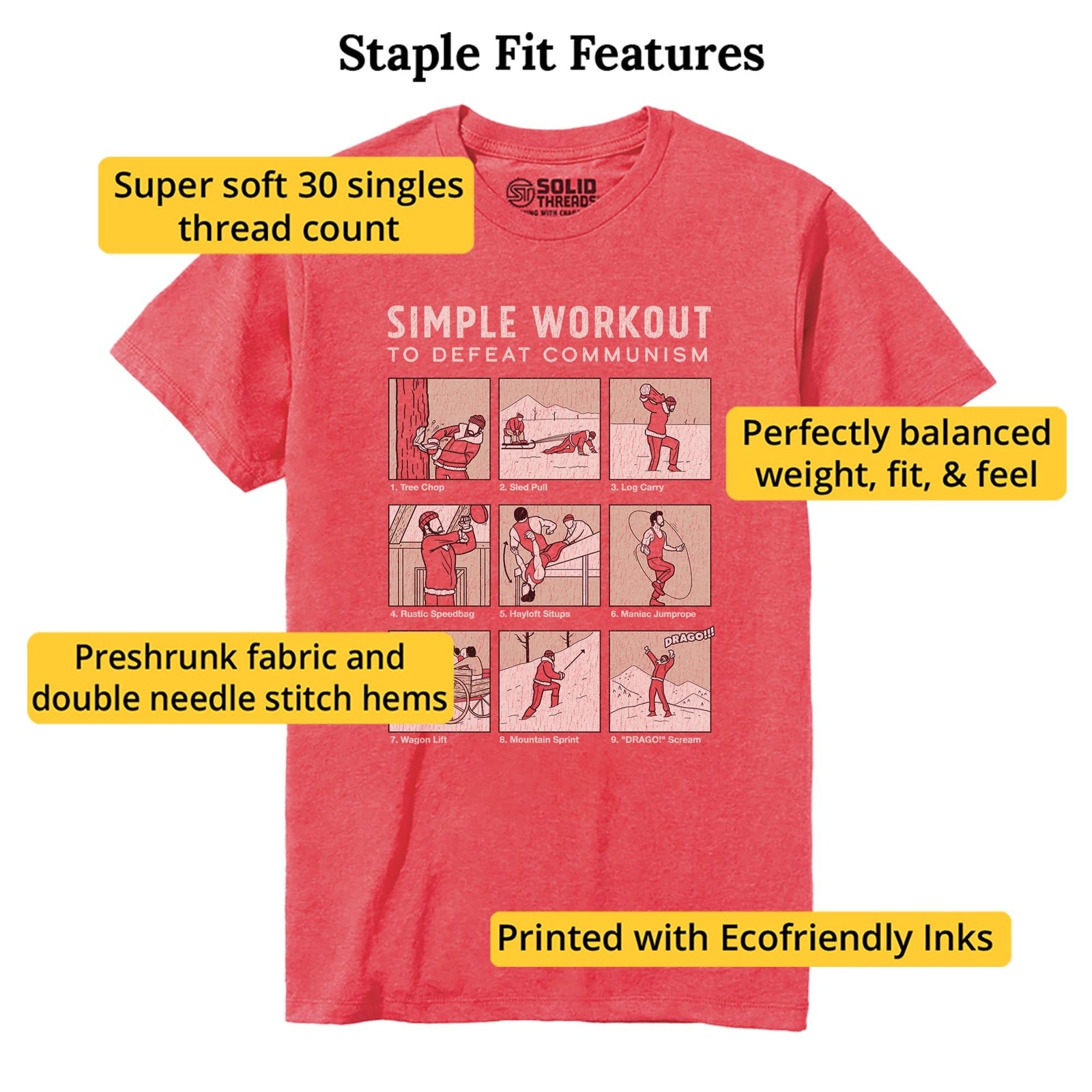 Simple Workout To Defeat Communism Designer Staple T-shirt in Red Heather - Fit Attributes
