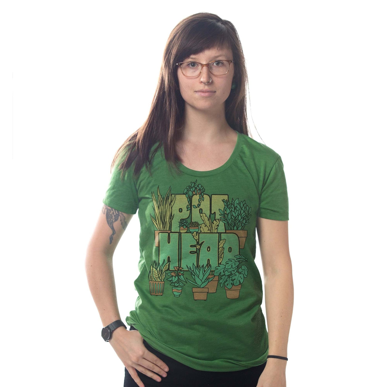 Women's Pot Head Vintage Stoner Graphic T-Shirt | Retro House Plants Tee On Model | Solid Threads
