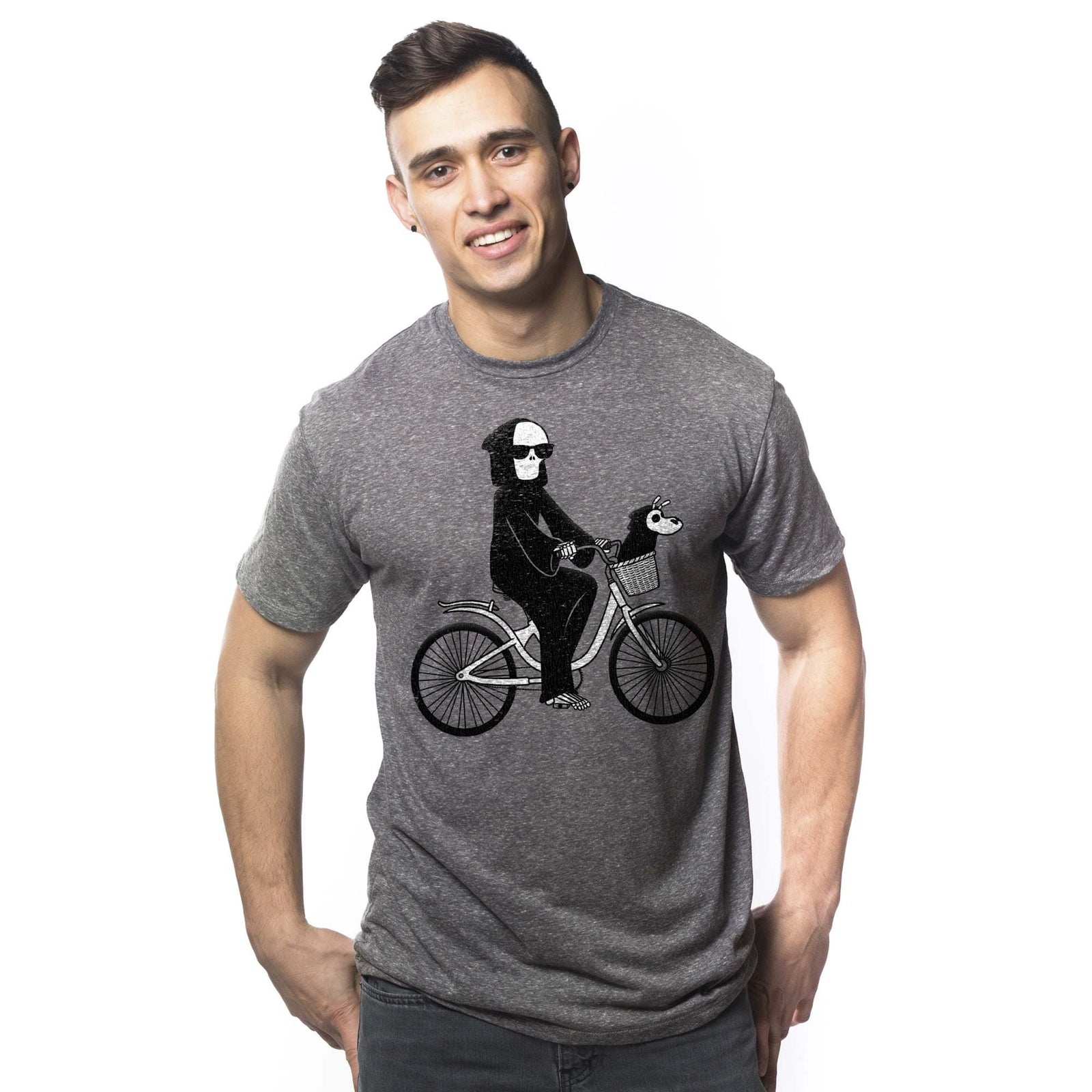 Men's Not So Grim Reaper Designer Graphic T-Shirt | Vintage Bicycle Dog Tee On Model | Solid Threads