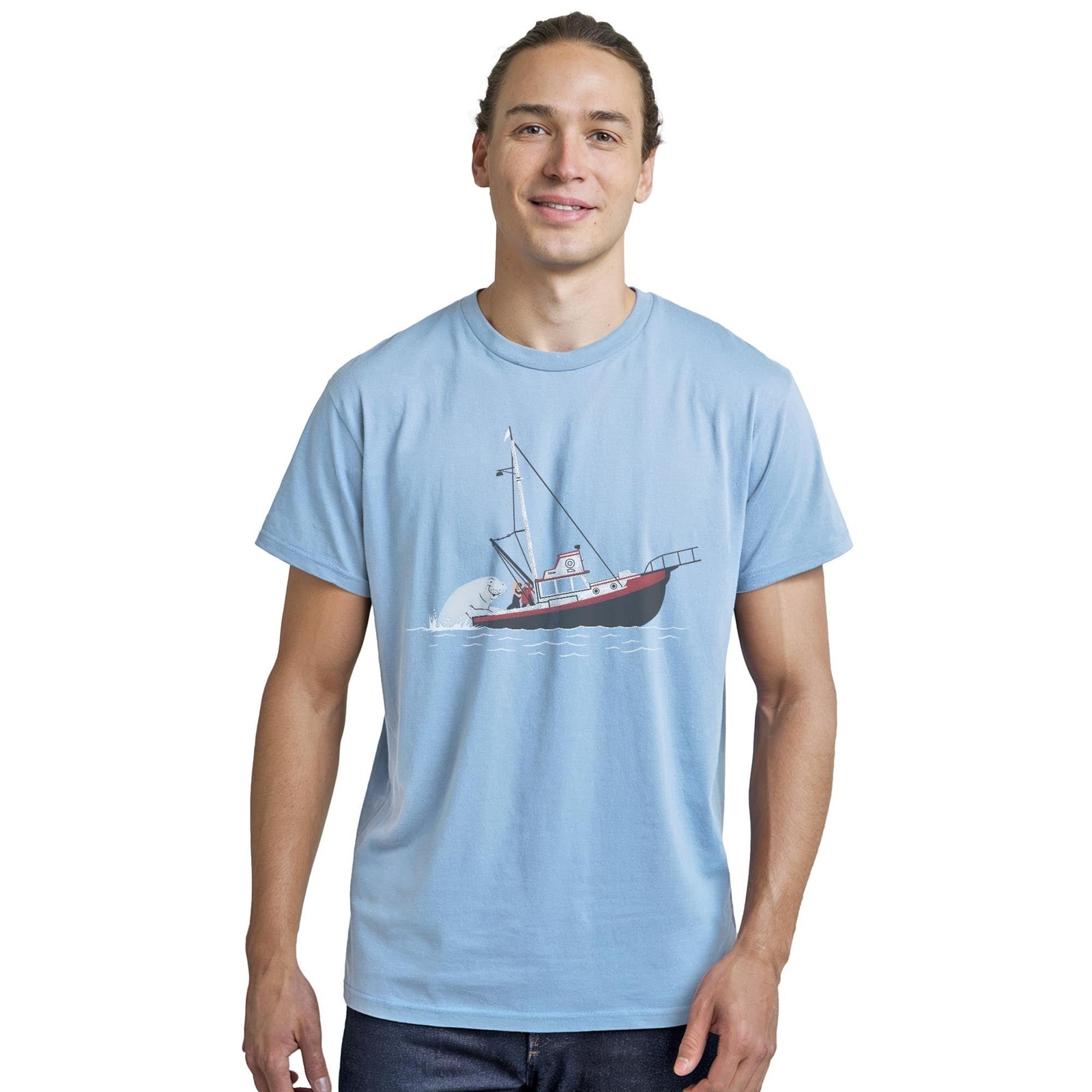 Not Exactly Jaws Designer Staple T-shirt in Light Blue Heather On Model - Front View