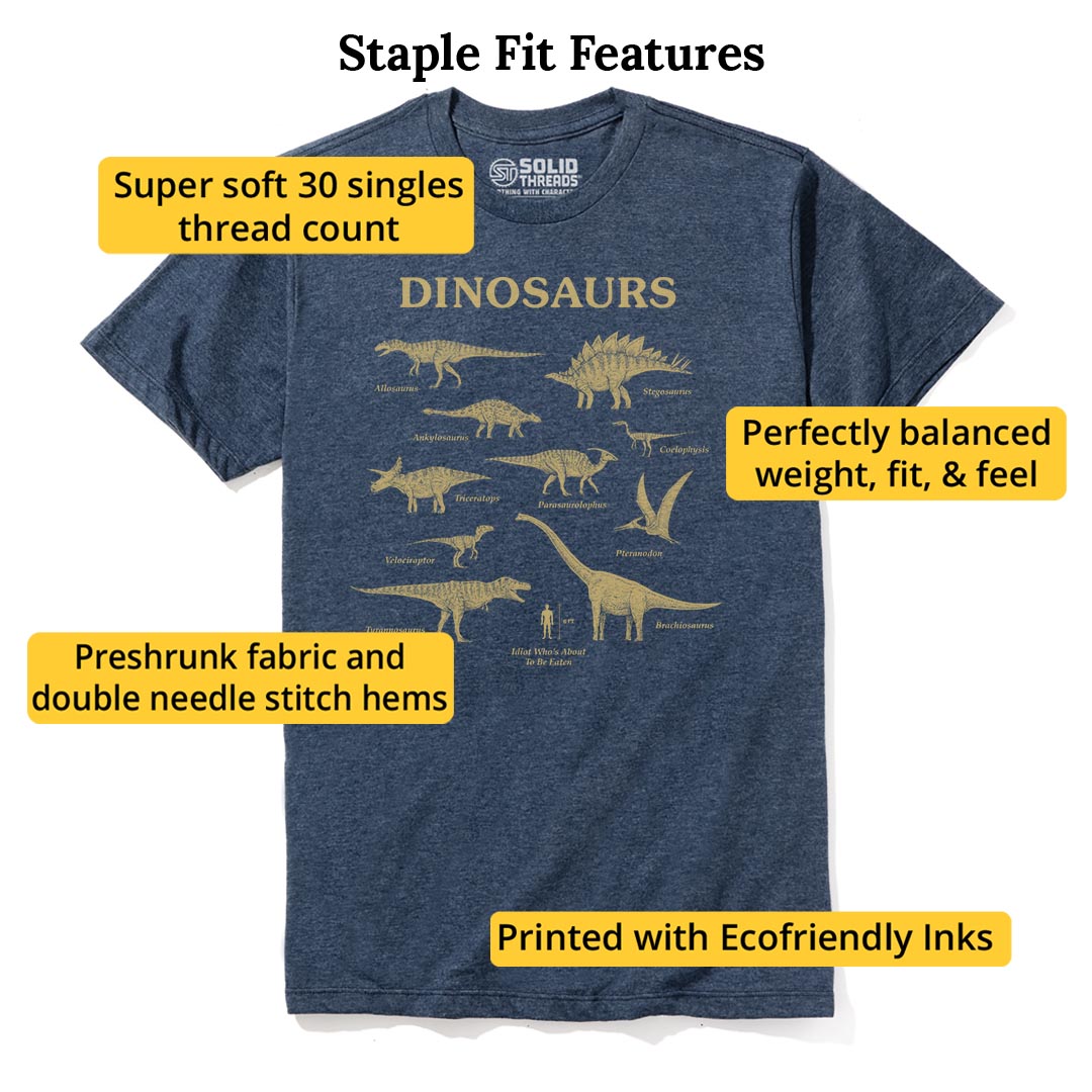Dinosaurs & Idiot Funny Staple T-shirt in Navy Heather - Fit Attributes